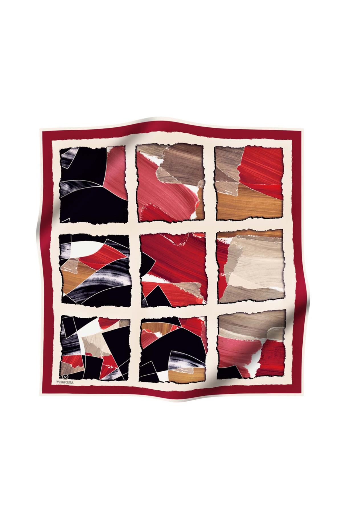 %100 Twill İpek Geometrik Desenli Bordo - Bej Renkli 90x90 Eşarp Dikim Şekli : El Dikişi