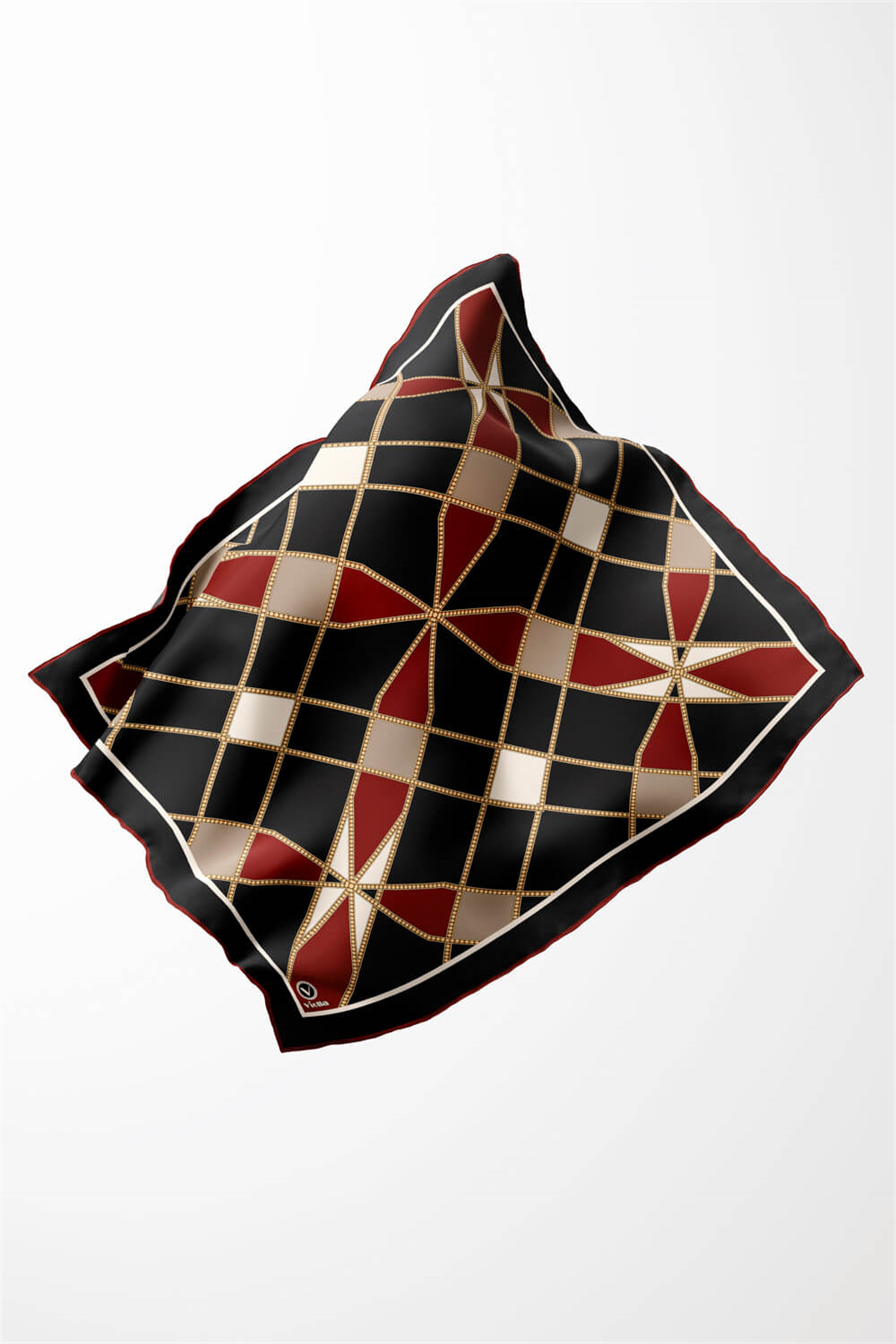 Twill Gold Detaylı Geometrik Çiçekli Desenli Bordo Renkli 90x90 Eşarp (İpek İçermez) Kenar Dikiş Şekli El Dikişli