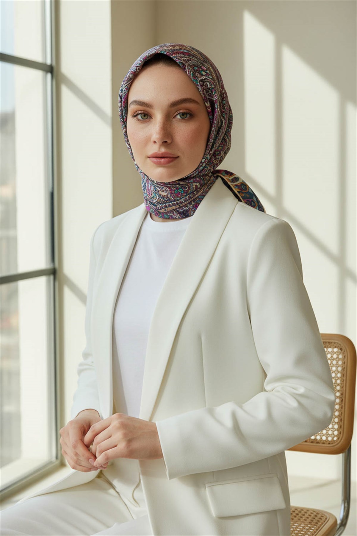 %100 Twill İpek Etro Desenli Krem Renkli 90x90 Eşarp Dikim Şekli : El Dikişi