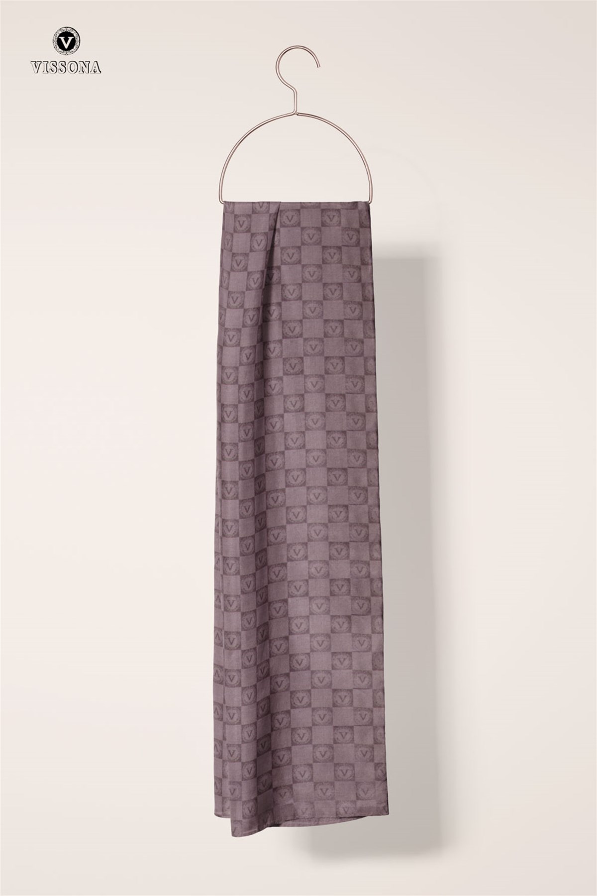 Vissona %57 İPEK %43 PAMUK Monogram Desenli Gül Kurusu Renkli Şal -  70x190 Dikiş Tipi İtalyan Dikişli