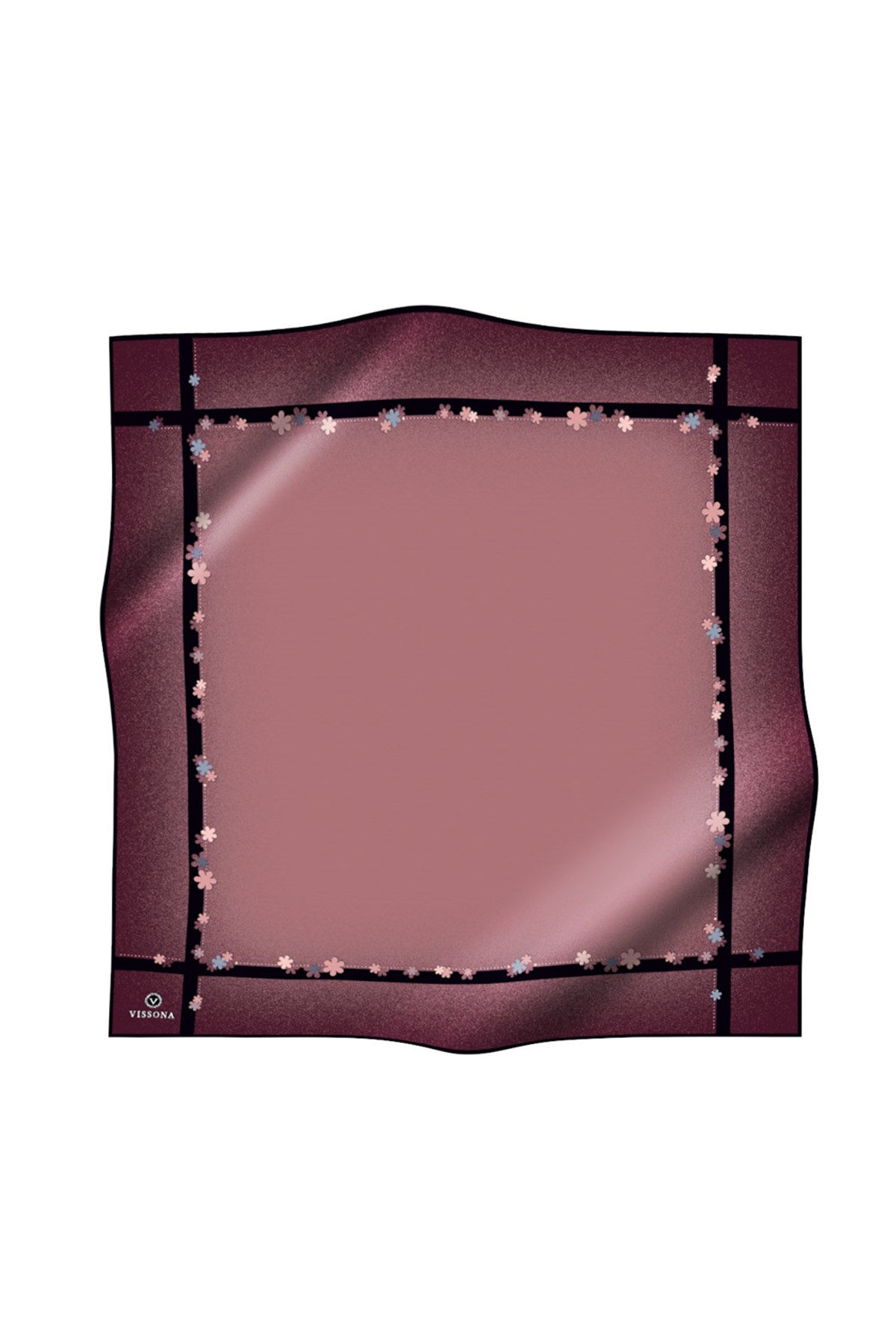 %100 Twill İpek Kenar Motifi Çiçek Desenli Gül Kurusu - Siyah Renkli 90x90 Eşarp Dikim Şekli : El Dikişi