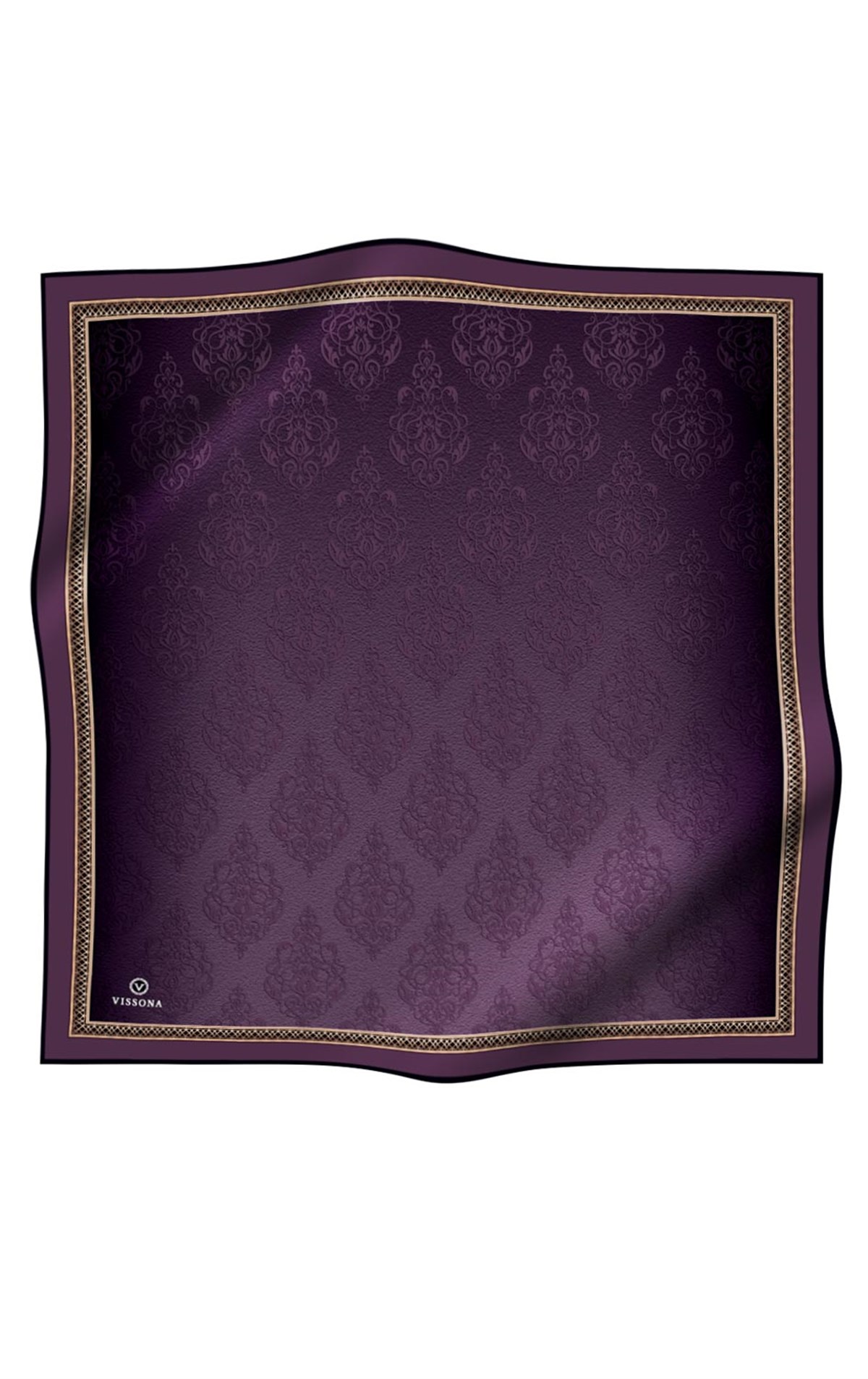 %100 Twill İpek Eşarp 90x90 Mürdüm Barok Desenli El Dikişli Kadın Eşarp