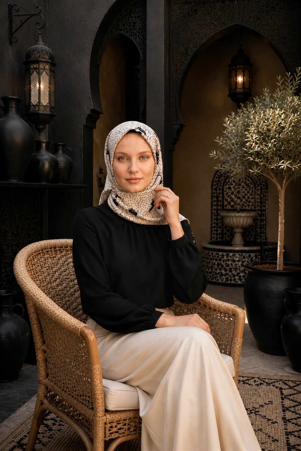 %100 Twill İpek Çıtır Çiçek Desenli Krem - Siyah Renkli 90x90 Eşarp Dikim Şekli : El Dikişi