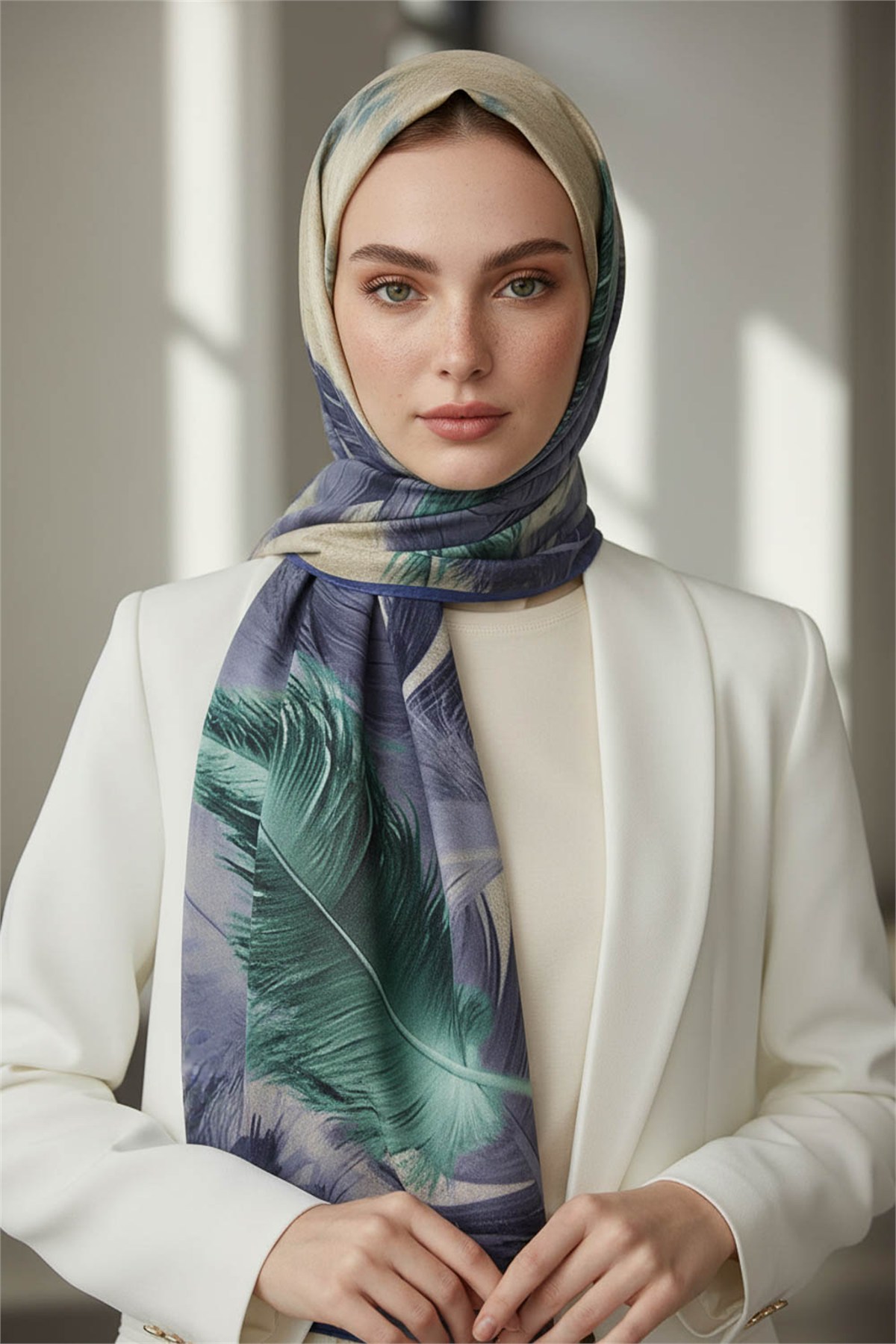 KREP YAPRAK DESENLİ İNDİGO RENKLİ 75X195 KIRIŞMAZ ŞAL