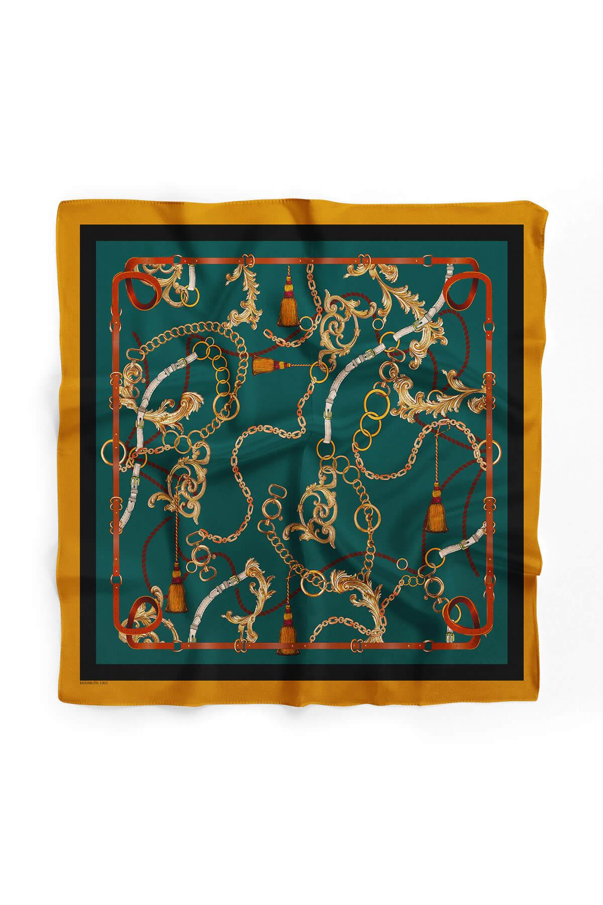 E72 Kadın Yeşil Zincir Desenli 50x50 Bandana