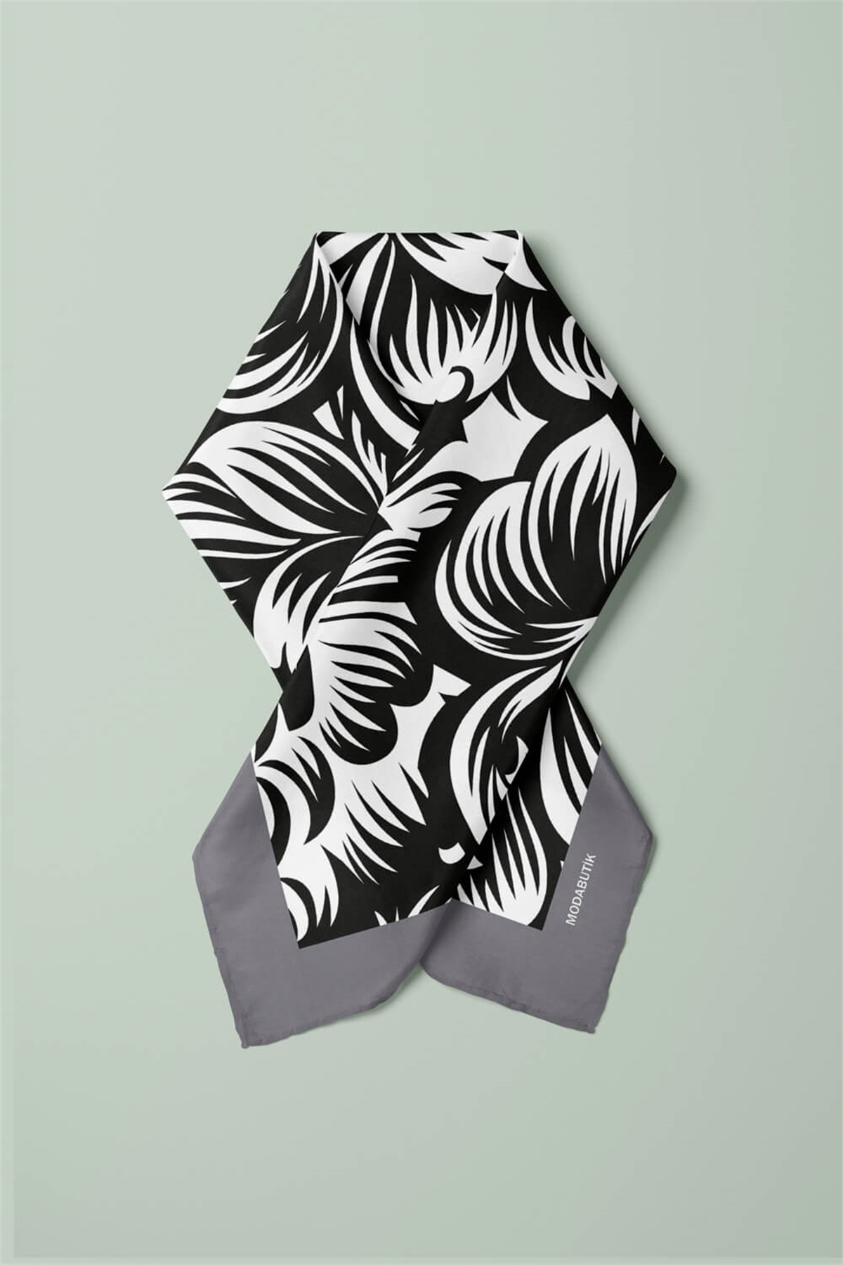 A80 Kadın Çiçek Desenli Bandana 50x50 Siyah Beyaz DG0409-22