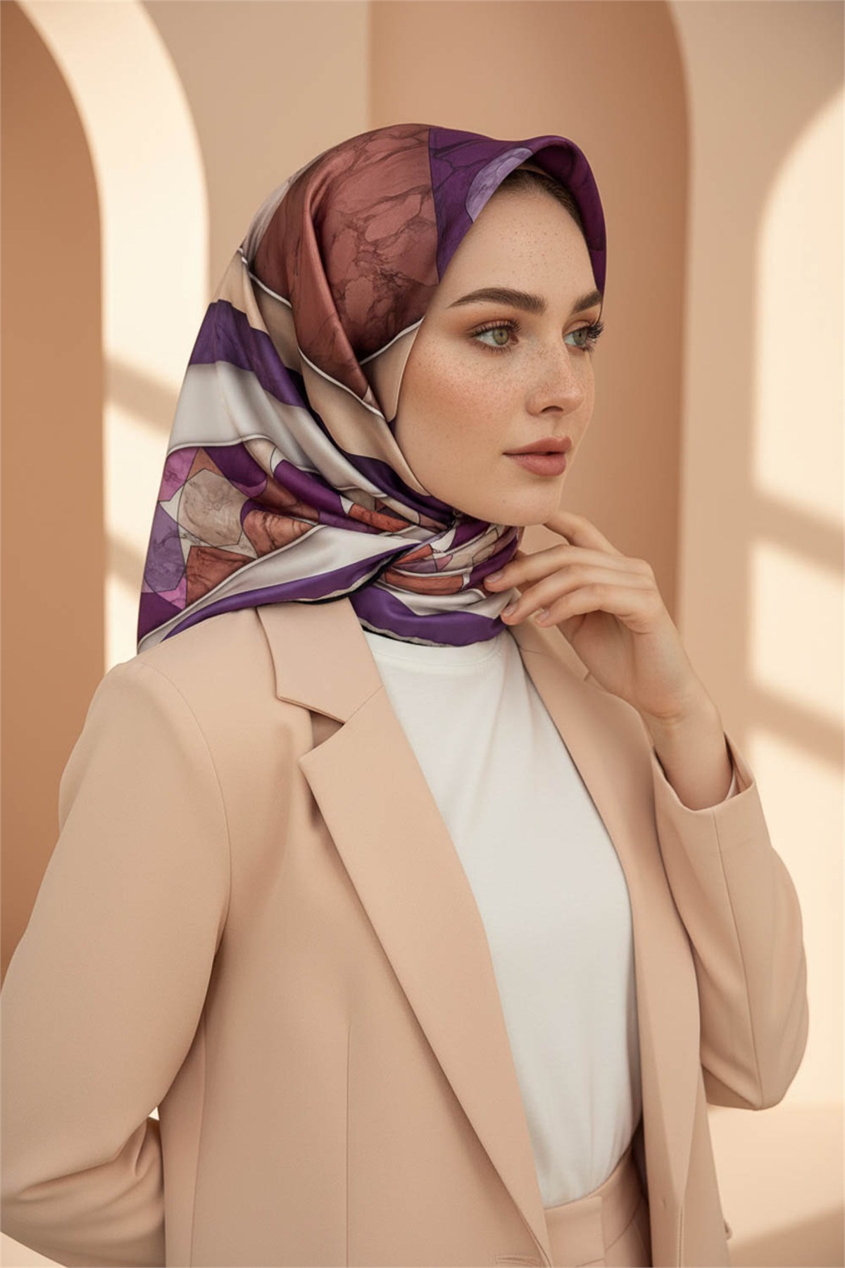 Rayon Geometrik Mermer Desenli Lila Renkli 90x90 Eşarp (İpek İçermez) Kenar Dikiş Şekli El Dikişli