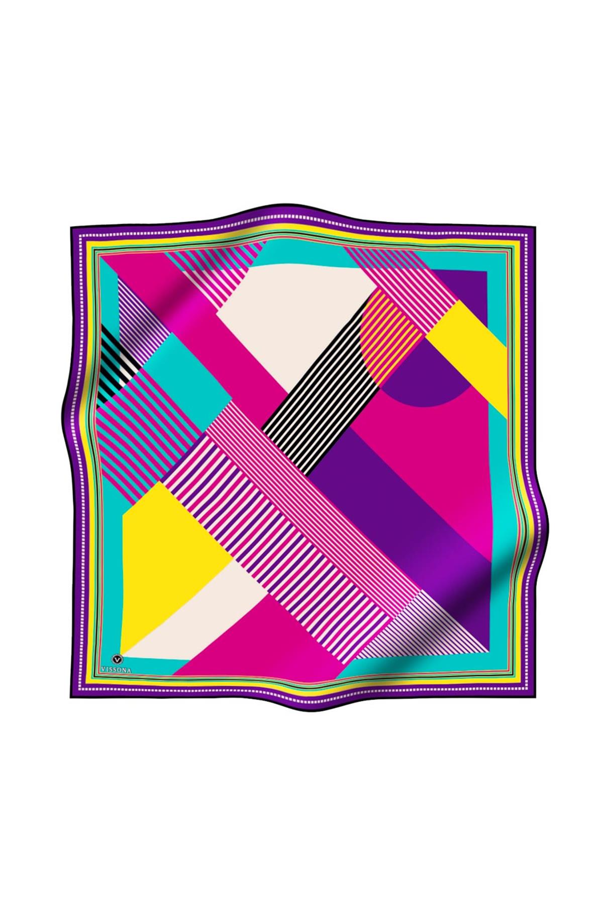 %100 Twill İpek Geometrik Desenli Fuşya - Mor Renkli 90x90 Eşarp Dikim Şekli : El Dikişi