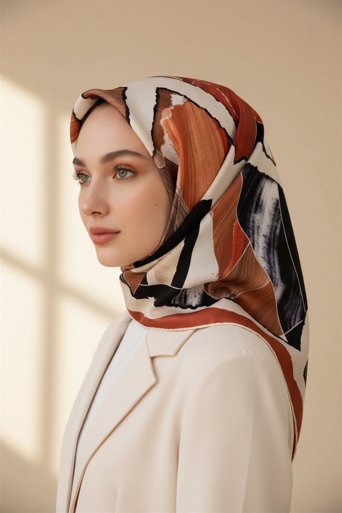 %100 Twill İpek Geometrik Desenli Taba - Bej Renkli 90x90 Eşarp Dikim Şekli : El Dikişi