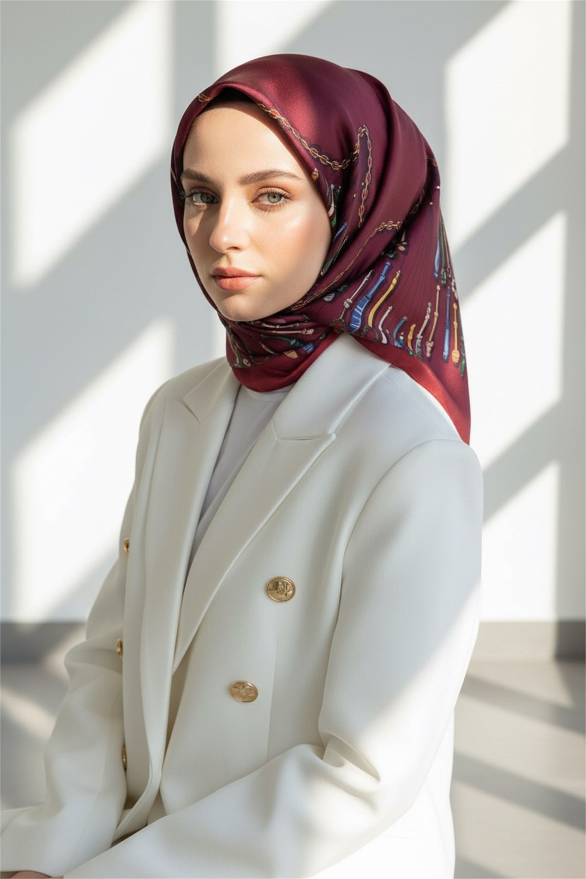 %100 Twill İpek Zincir Desenli Bordo Renkli 90x90 Eşarp Dikim Şekli : El Dikişi