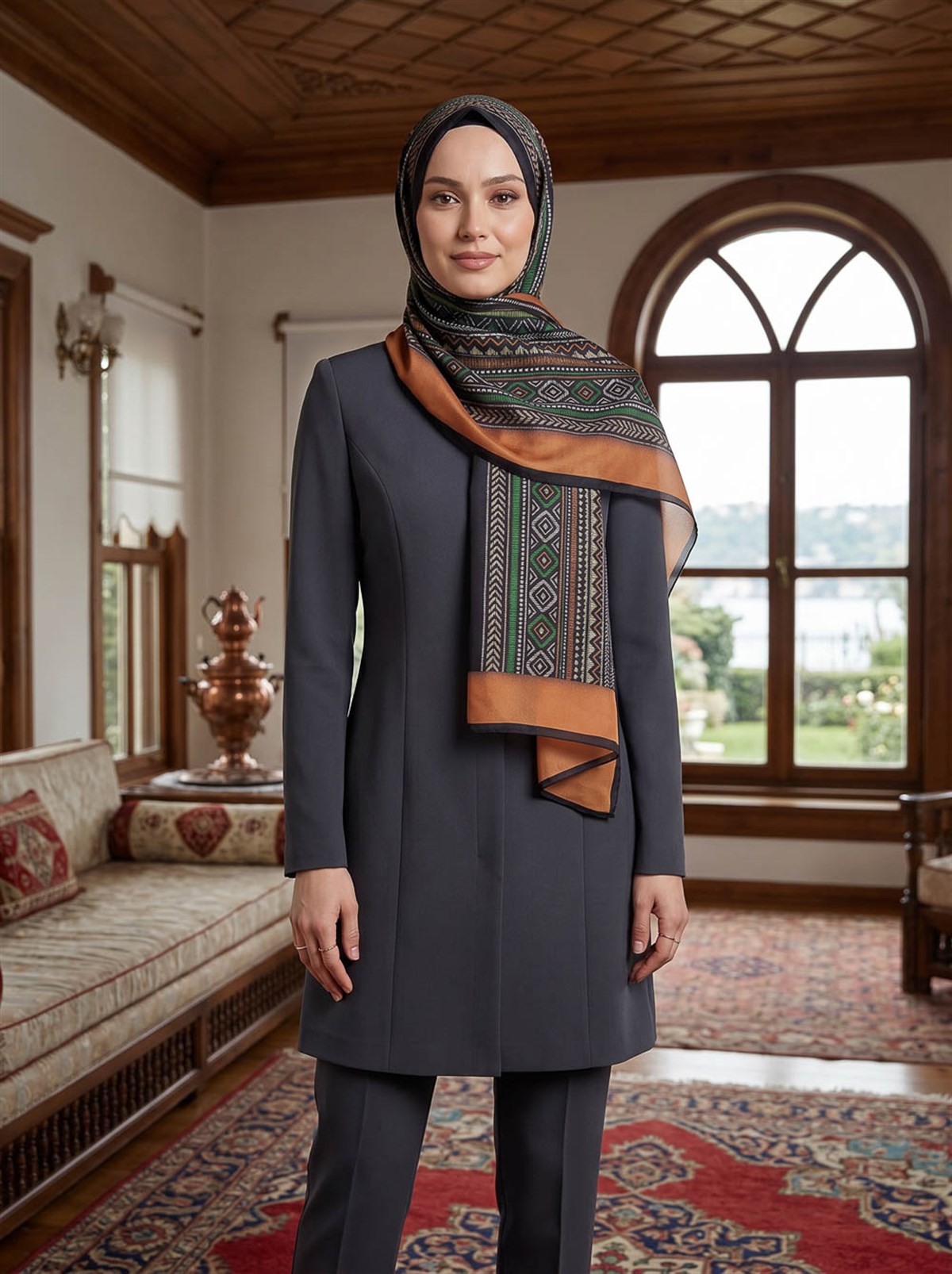 %100 İPEK ETNİK DESENLİ TABA - ZÜMRÜT YEŞİLİ RENKLİ ŞAL