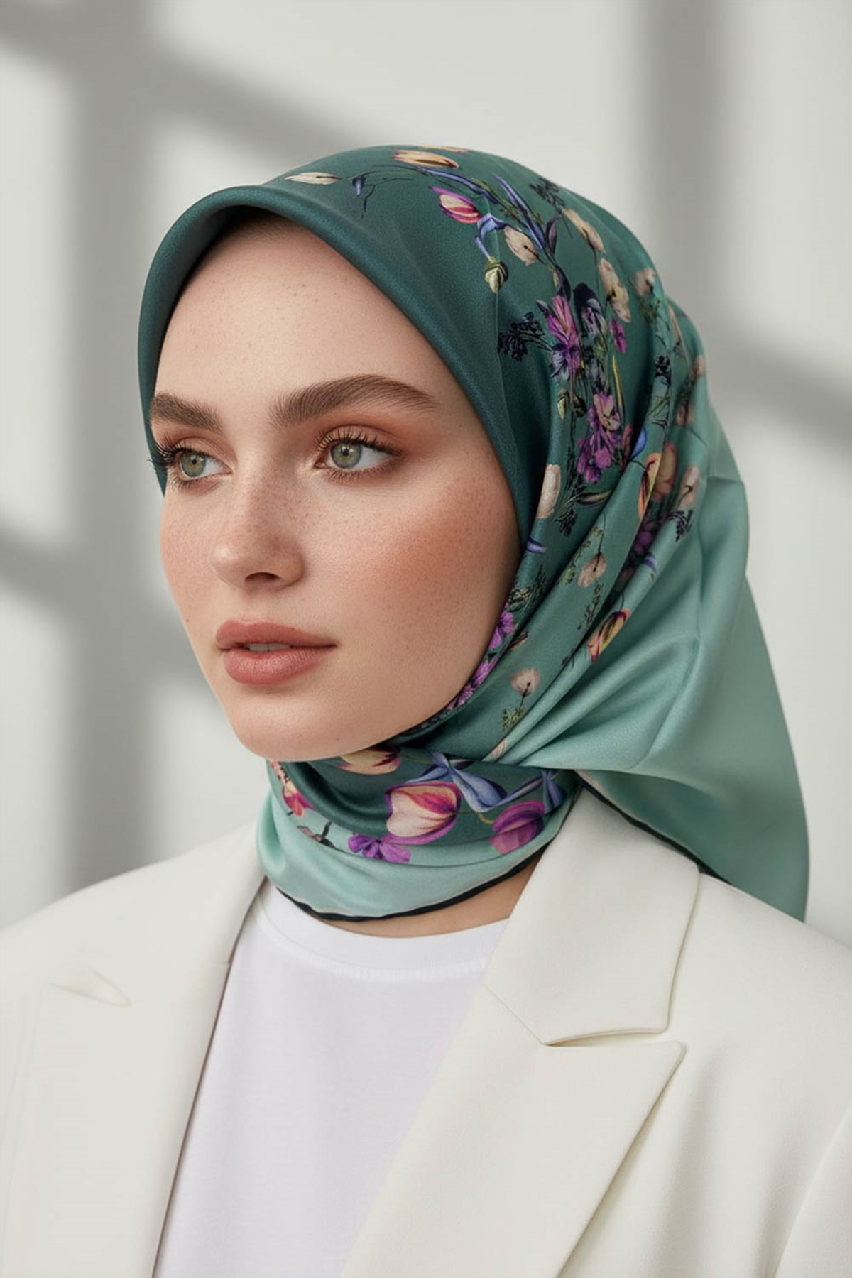 %100 Twill İpek Sonsuz Çiçek Desenli Mint Yeşili Renkli 90x90 Eşarp Dikim Şekli : El Dikişi