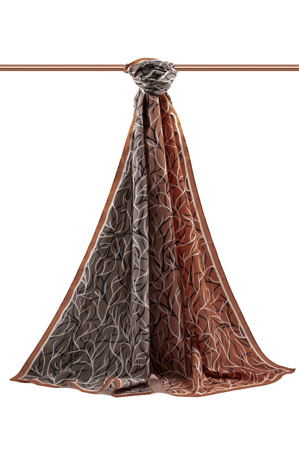 LÜKS MEDİNE İPEĞİ GEOMETRİK DESENLİ BAKIR RENKLİ 75X195 KIRIŞMAZ ŞAL MOSS KREP DİKİŞ TİPİ İTALYAN DİKİŞLİ