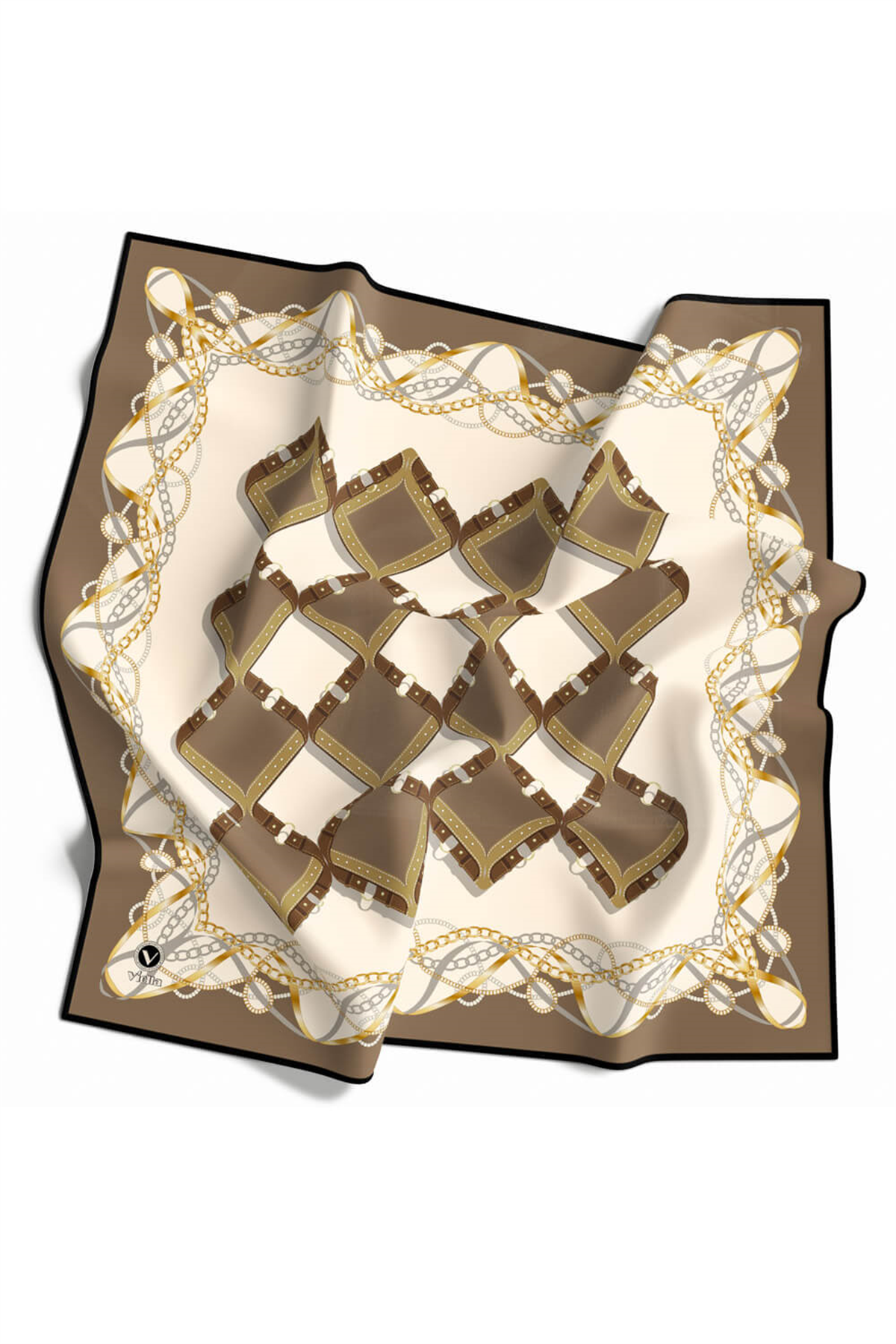 Twill Kemer Ve Zincir Desenli Vizon Renkli 90x90 Eşarp (İpek İçermez) Kenar Dikiş Şekli El Dikişli