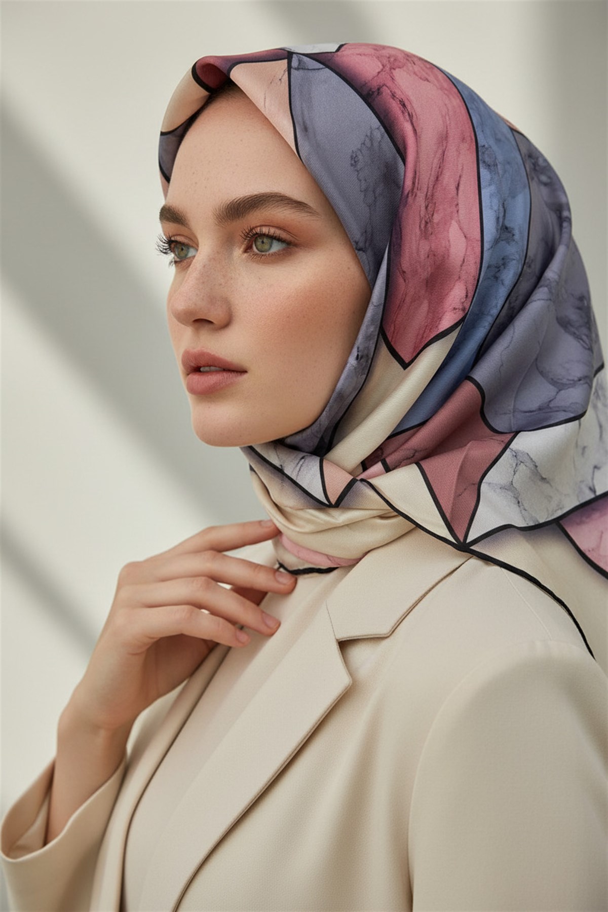 %100 Twill İpek Mermer Desenli Pudra - Bebe Mavisi Renkli 90x90 Eşarp Dikim Şekli : El Dikişi