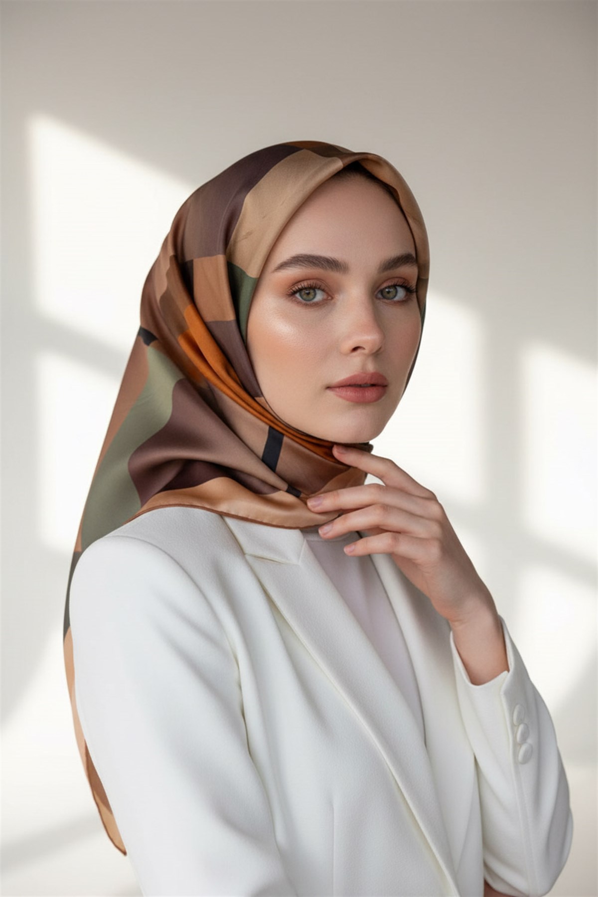 %100 Twill İpek Geometrik Desenli Bej - Haki Renkli 90x90 Eşarp Dikim Şekli : El Dikişi