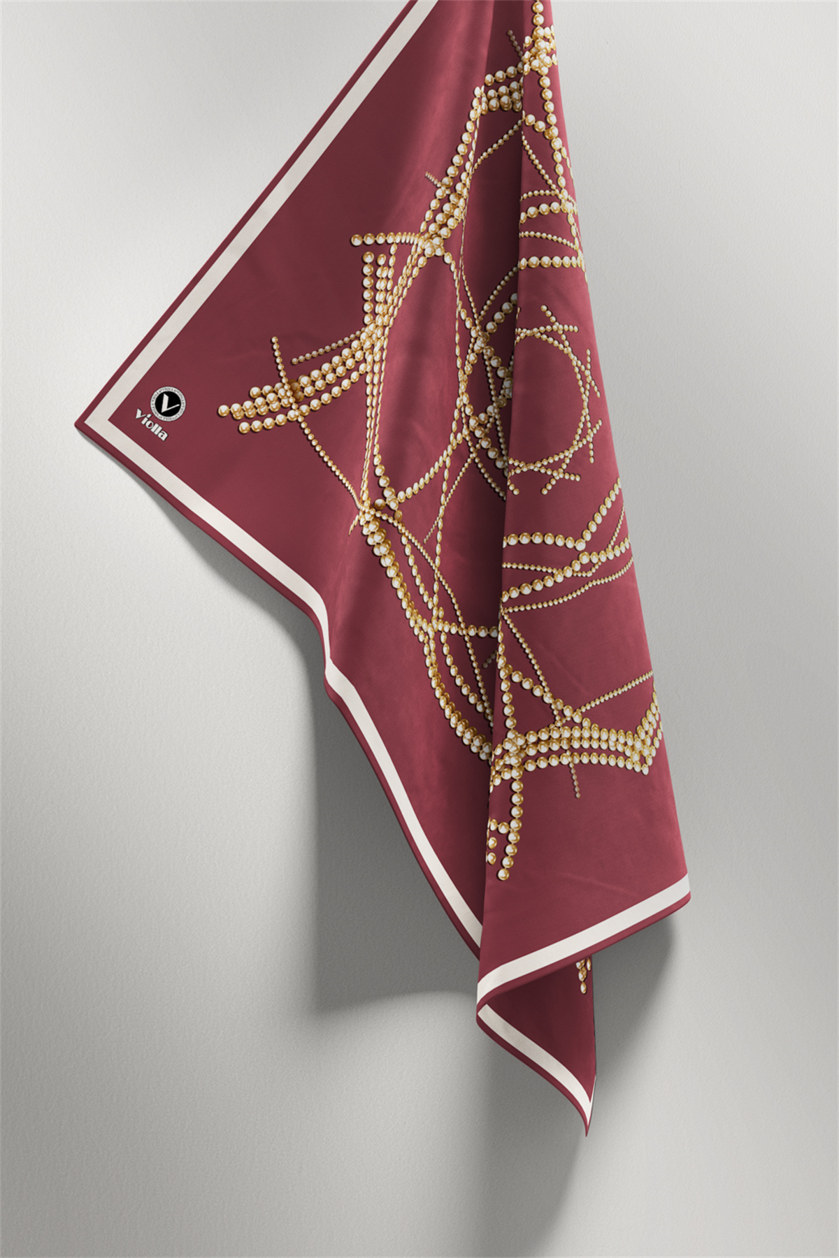 Twill Boncuk Desenli Gül Kurusu Renkli 90x90 Eşarp (İpek İçermez) Kenar Dikiş Şekli El Dikişli