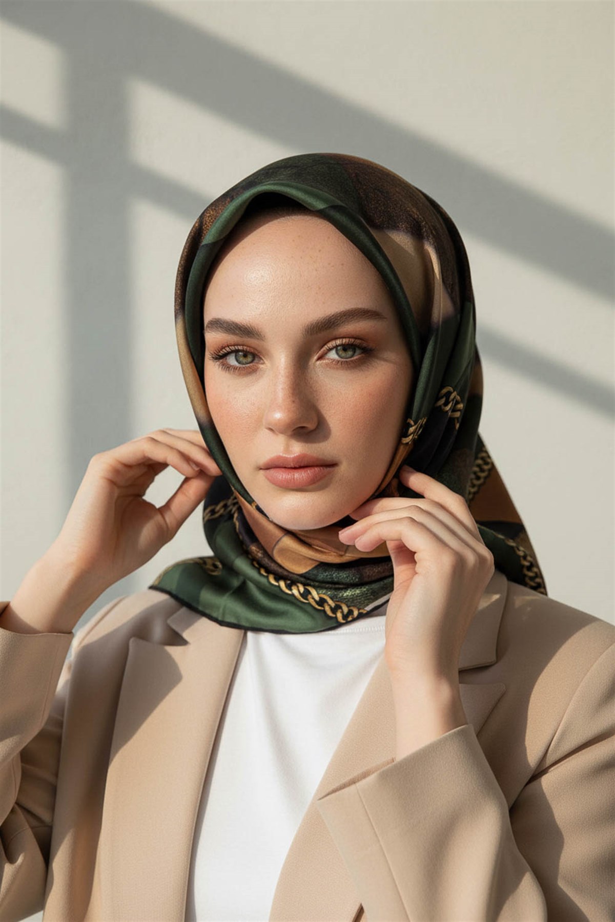 %100 Twill İpek Taş Efekti Desenli Zümrüt - Siyah Renkli 90x90 Eşarp Dikim Şekli : El Dikişi