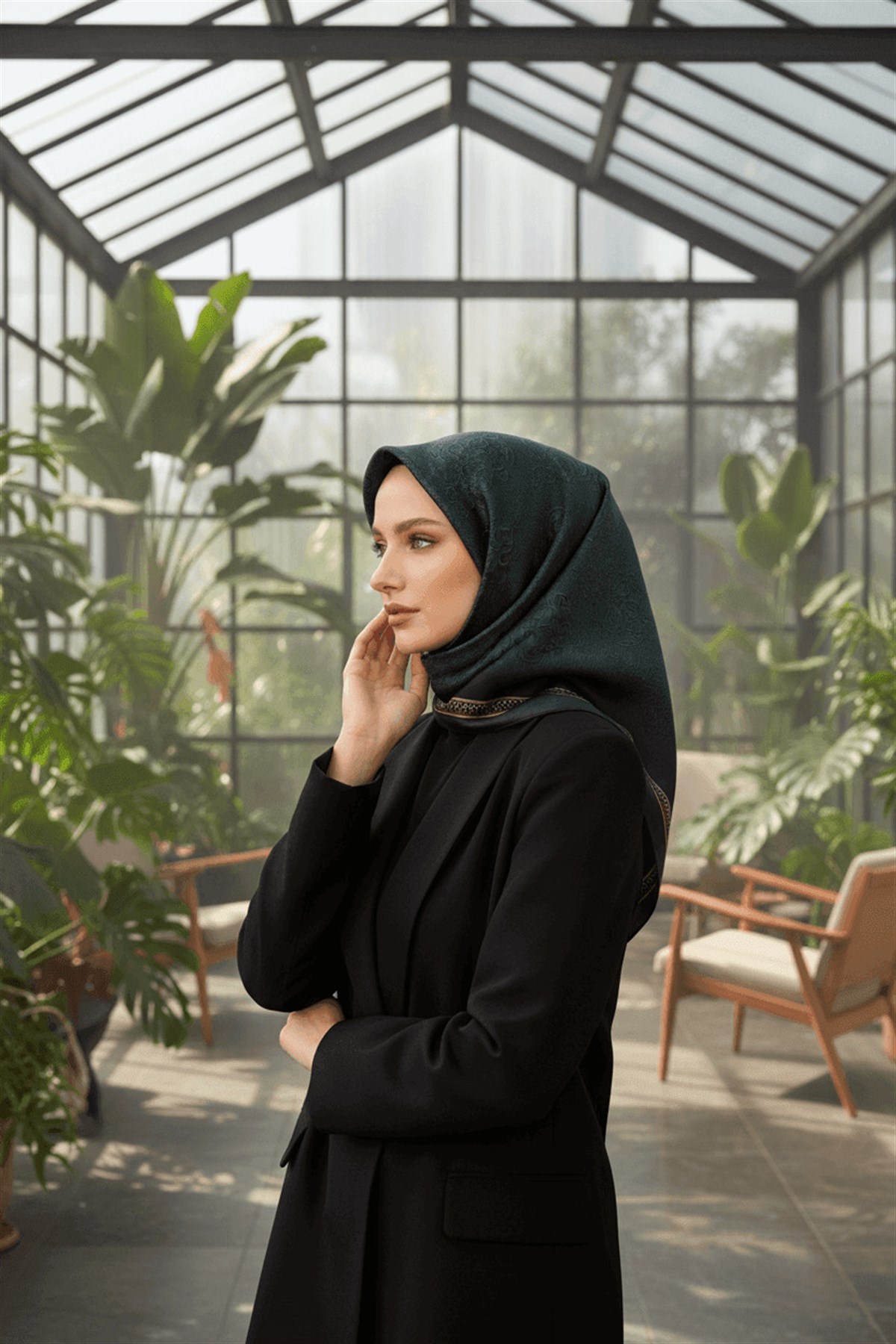 %100 Twill Barok Desenli Zümrüt Yeşili Renkli 90x90 Eşarp Dikim Şekli: El Dikişi