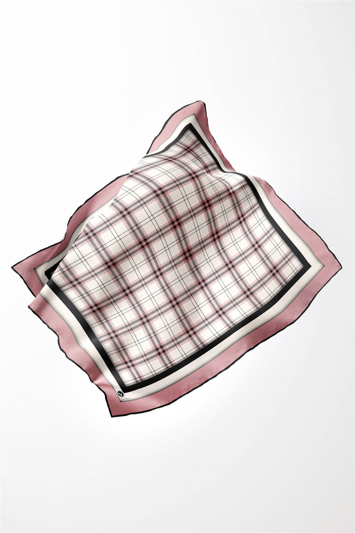 Twill Ekose Desenli Pudra Renkli 90x90 Eşarp (İpek İçermez) Kenar Dikiş Şekli El Dikişli