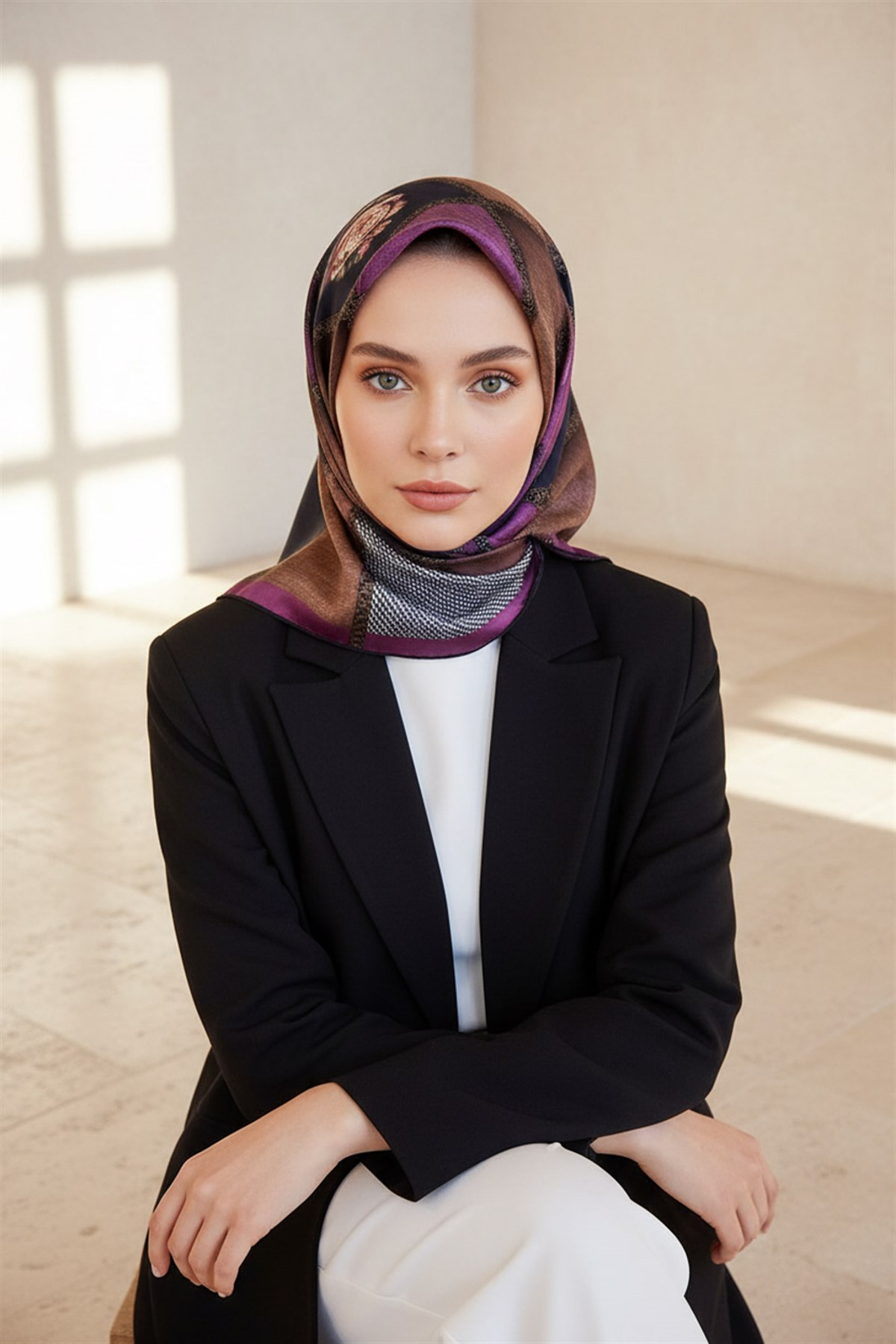 %100 Twill İpek Dokulu Çiçekli Ve Geometrik Desenli Lacivert - Mürdüm Renkli 90x90 Eşarp Dikim Şekli : El Dikişi