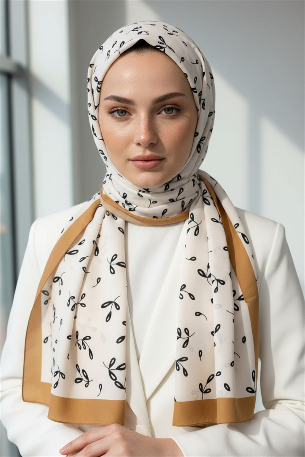 KREP YAPRAK DESENLİ KREM - HARDAL RENKLİ 75X195 KIRIŞMAZ ŞAL