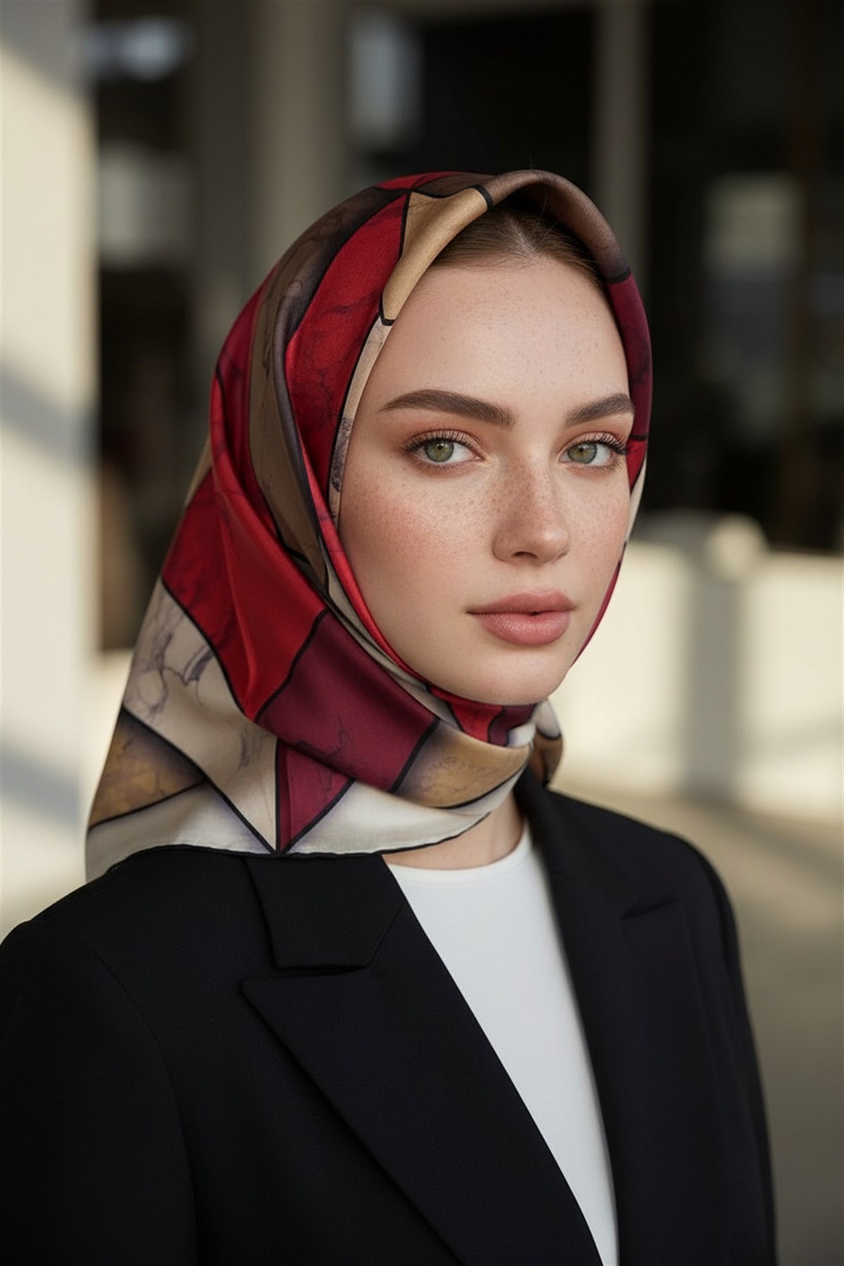 %100 Twill İpek Mermer Desenli Bordo - Bej Renkli 90x90 Eşarp Dikim Şekli : El Dikişi