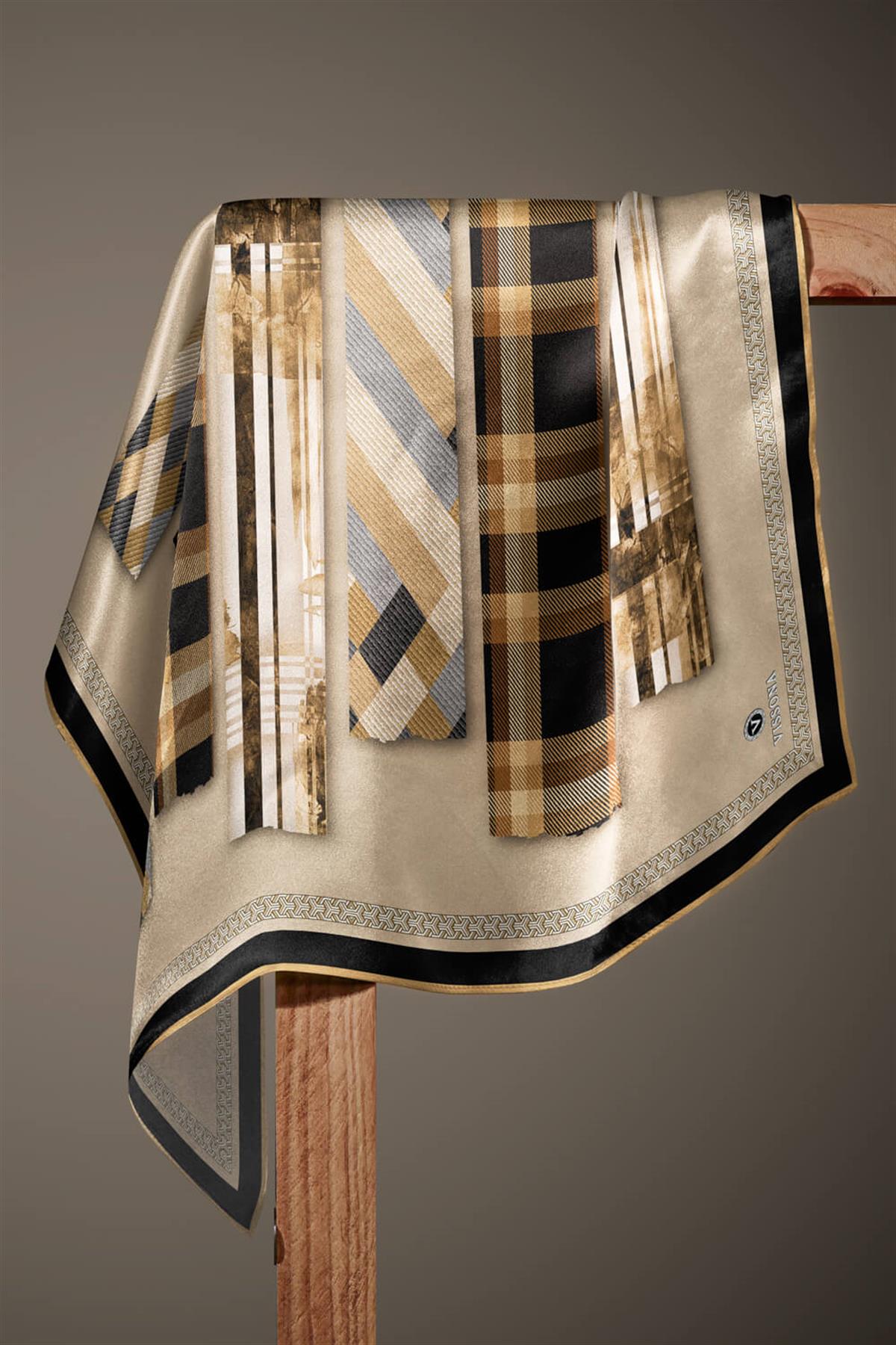 %100 Twill İpek Ekose Desenli Gold - Siyah Renkli 90x90 Eşarp Dikim Şekli : El Dikişi