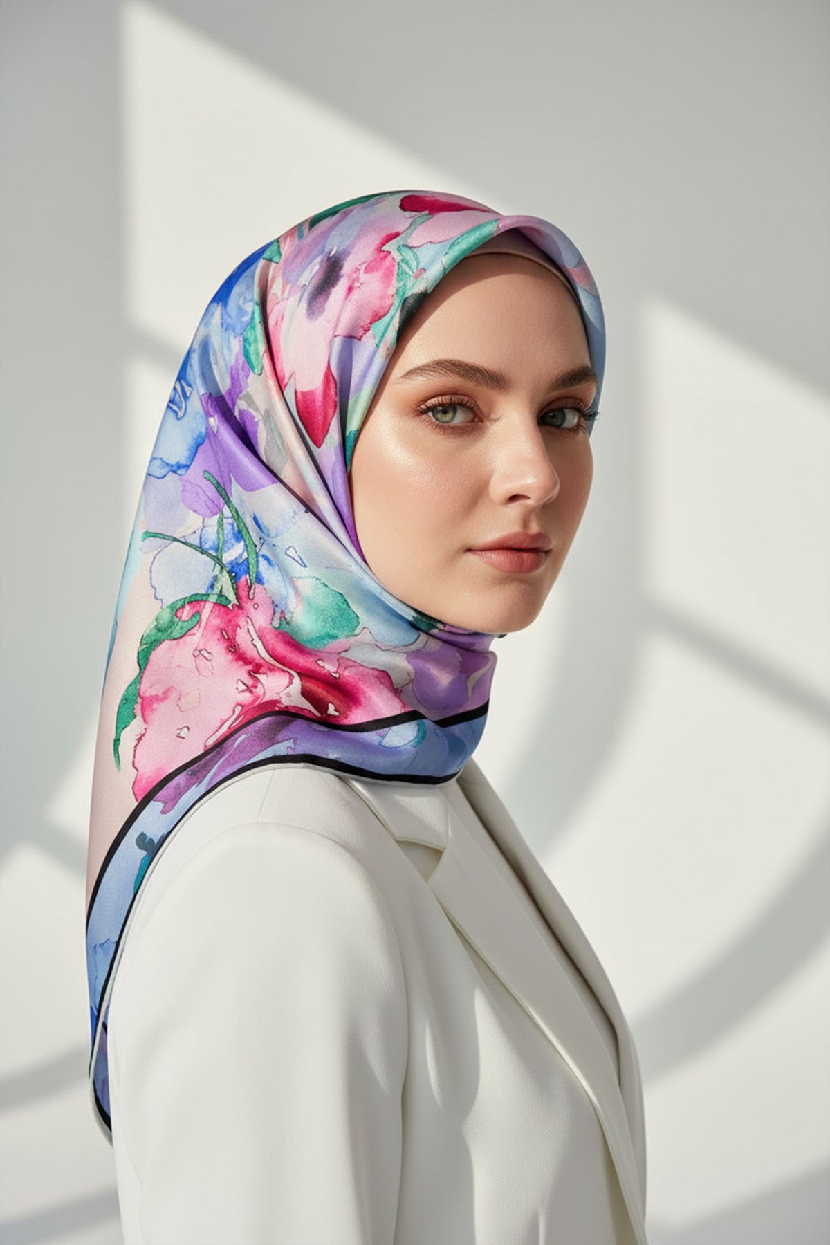 % 57 İPEK % 43 VİSKON Twill İpek Sulu Boyalı Çiçek Desenli Bebe Mavisi - Pembe Renkli 90x90 Eşarp Dikim Şekli : El Dikişi