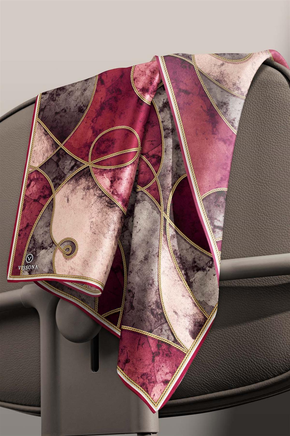 %100 Twill İpek Zincirli Mermer Desenli Bordo - Vizon Renkli 90x90 Eşarp Dikim Şekli : El Dikişi
