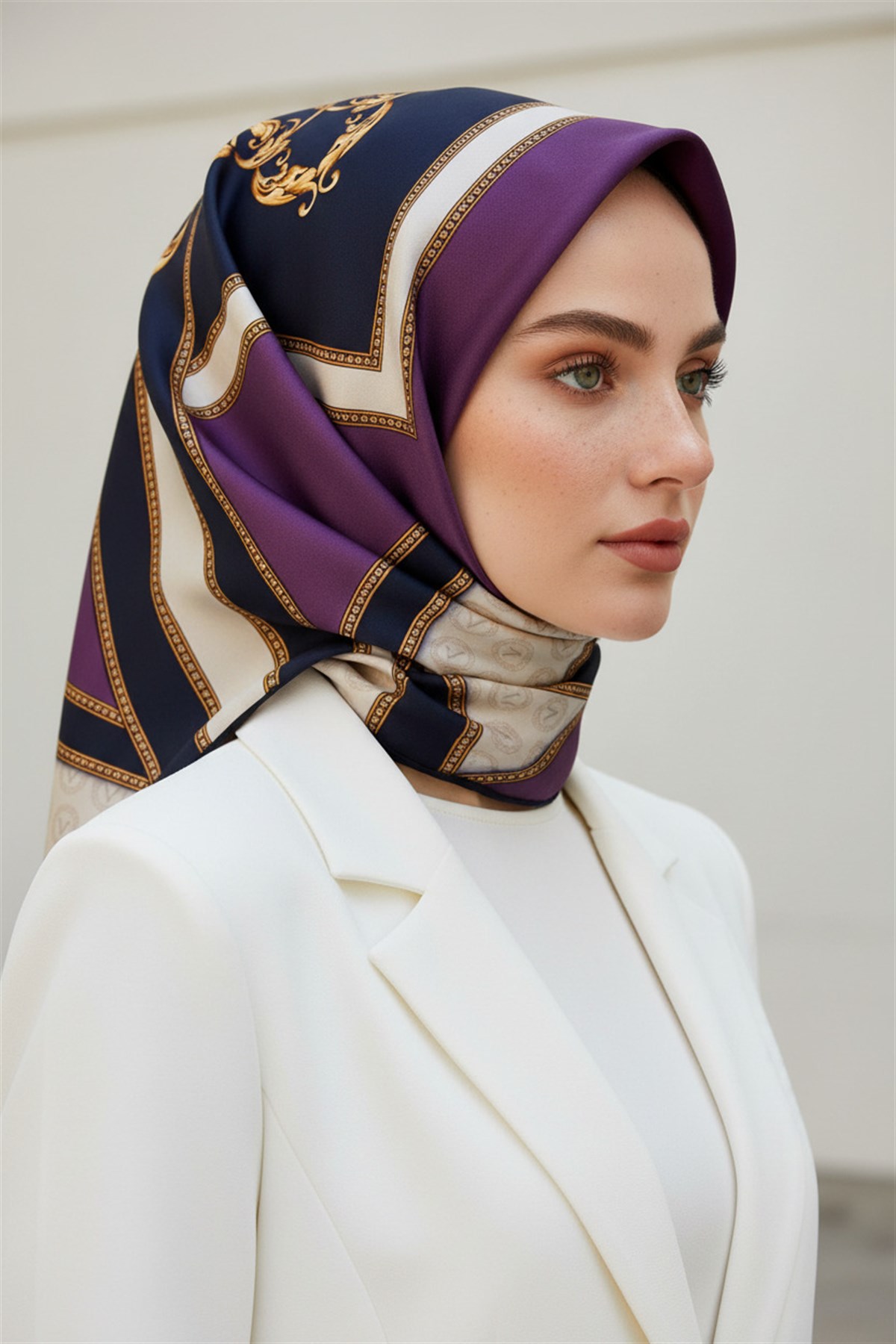 %100 Twill İpek Monogram ve Barok Desenli Lila - Lacivert Renkli 90x90 Eşarp Dikim Şekli : El Dikişi