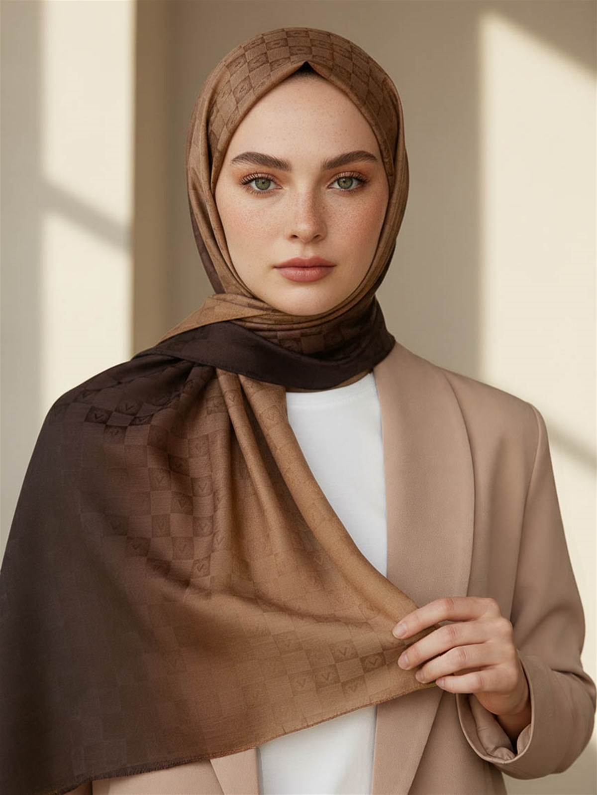 Vissona %57 İPEK %43 PAMUK Degrade Desenli Gold Renkli Şal -  70x190 Dikiş Tipi İtalyan Dikişli