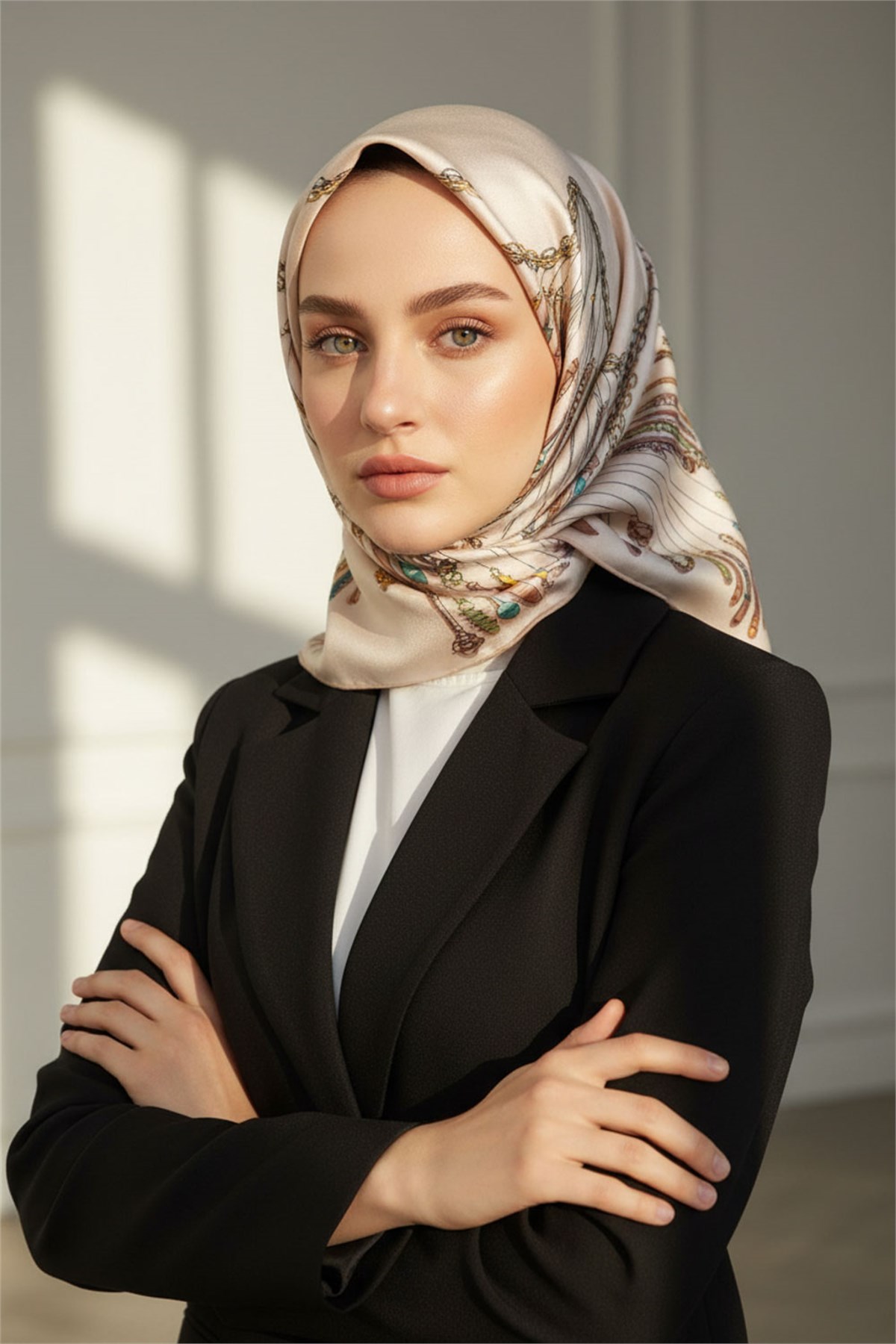 %100 Twill İpek Zincir Desenli Krem Renkli 90x90 Eşarp Dikim Şekli : El Dikişi
