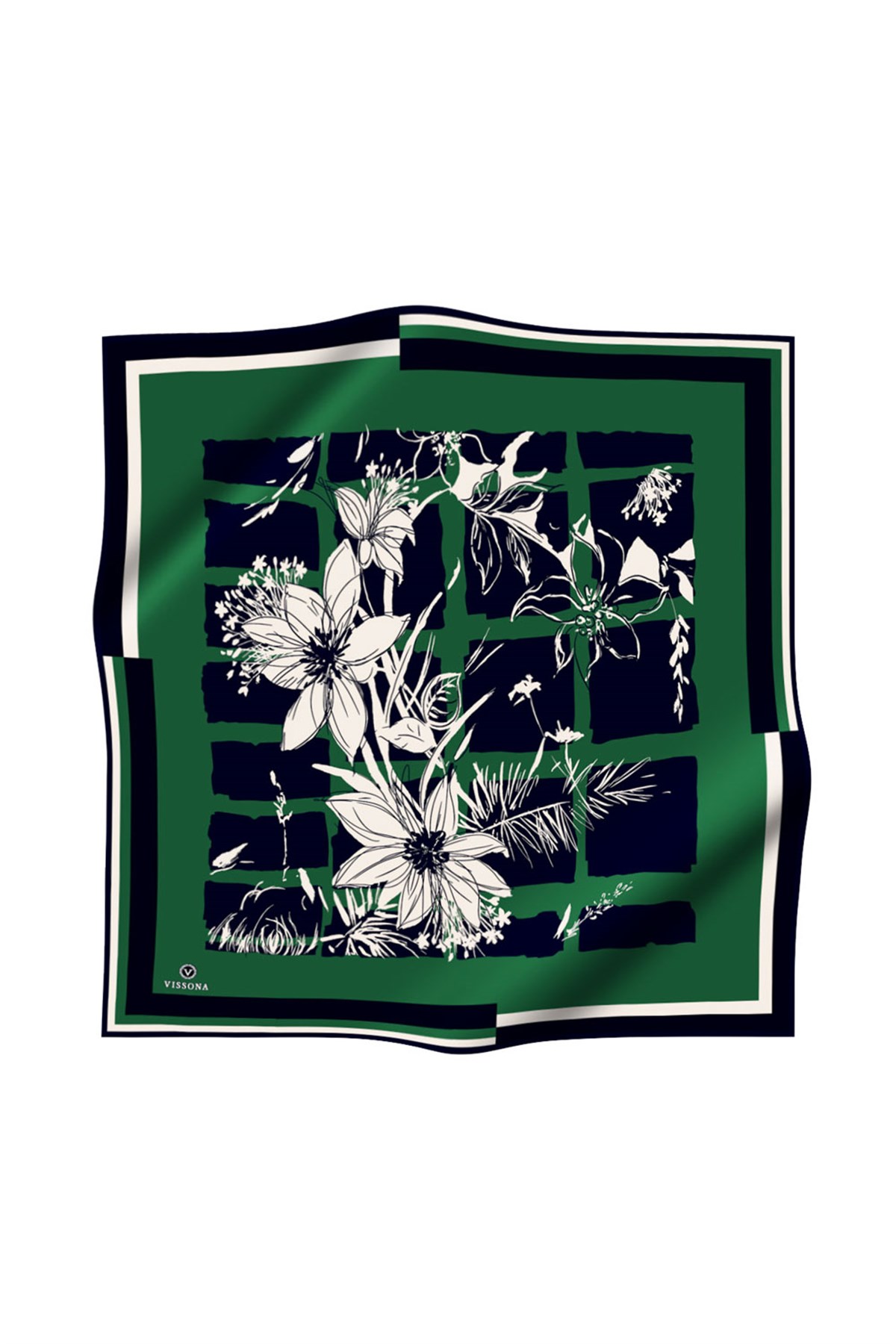 %100 Twill İpek Çiçekli ve Geometrik Desenli Zümrüt Yeşili - Lacivert Renkli 90x90 Eşarp Dikim Şekli : El Dikişi