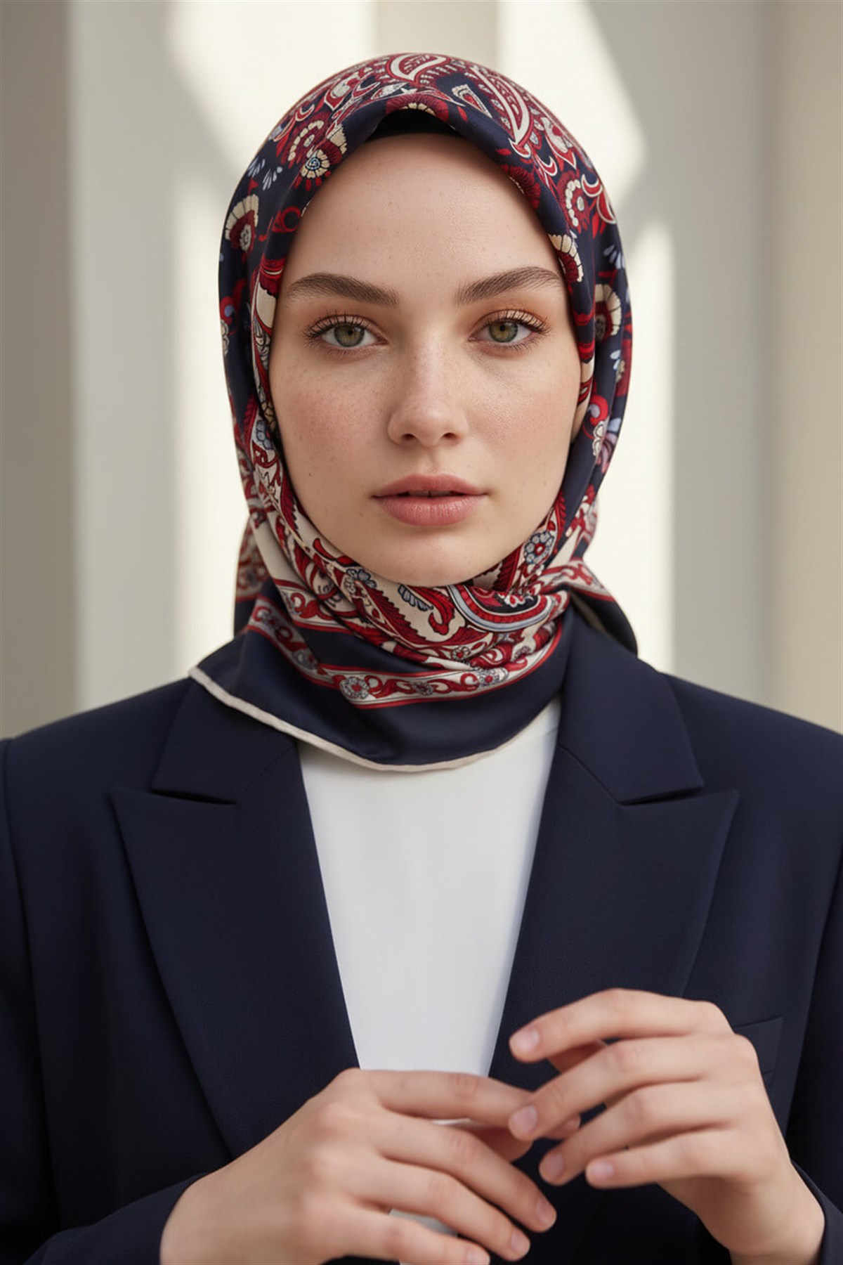 % 57 İPEK % 43 VİSKON Twill İpek Şal Motif Desenli Lacivert - Kırmızı Renkli 90x90 Eşarp Dikim Şekli : El Dikişi
