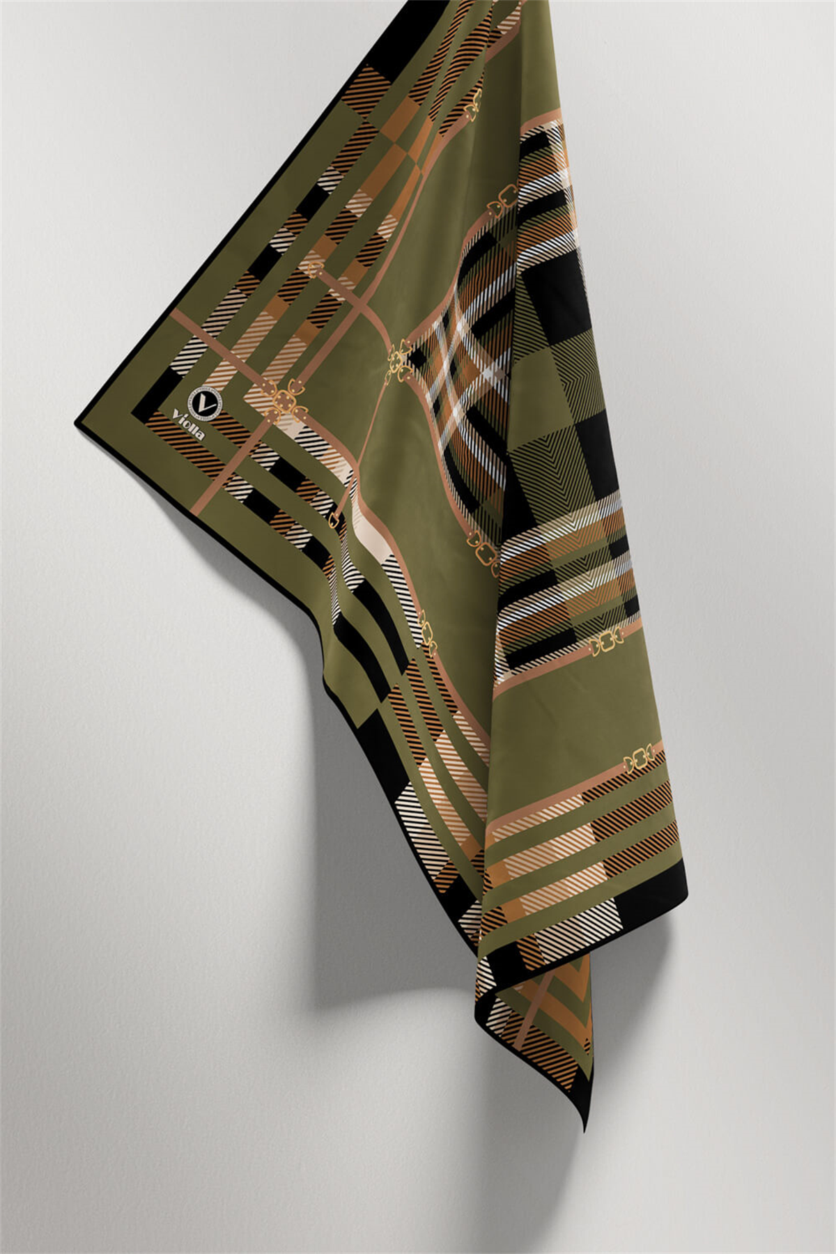 Twill Kemerli ve Ekose Desenli Haki Yeşili Renkli 90x90 Eşarp (İpek İçermez)Kenar Dikiş Şekli El Dikişli