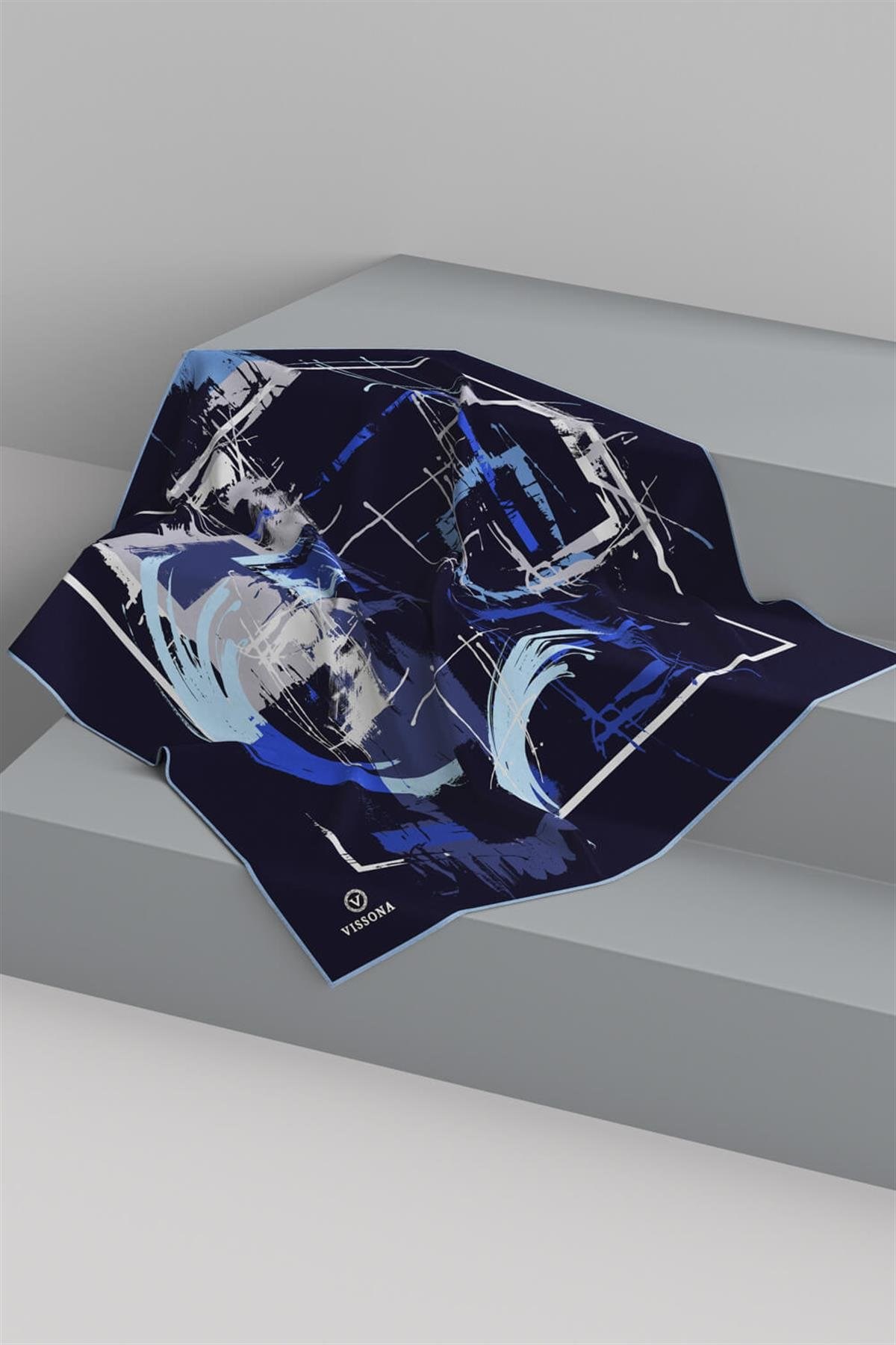 %57 İPEK %43 VİSKON Twill İpek Geometrik Desenli Lacivert - Bebe Mavisi Renkli 90x90 Eşarp Dikim Şekli : El Dikişi