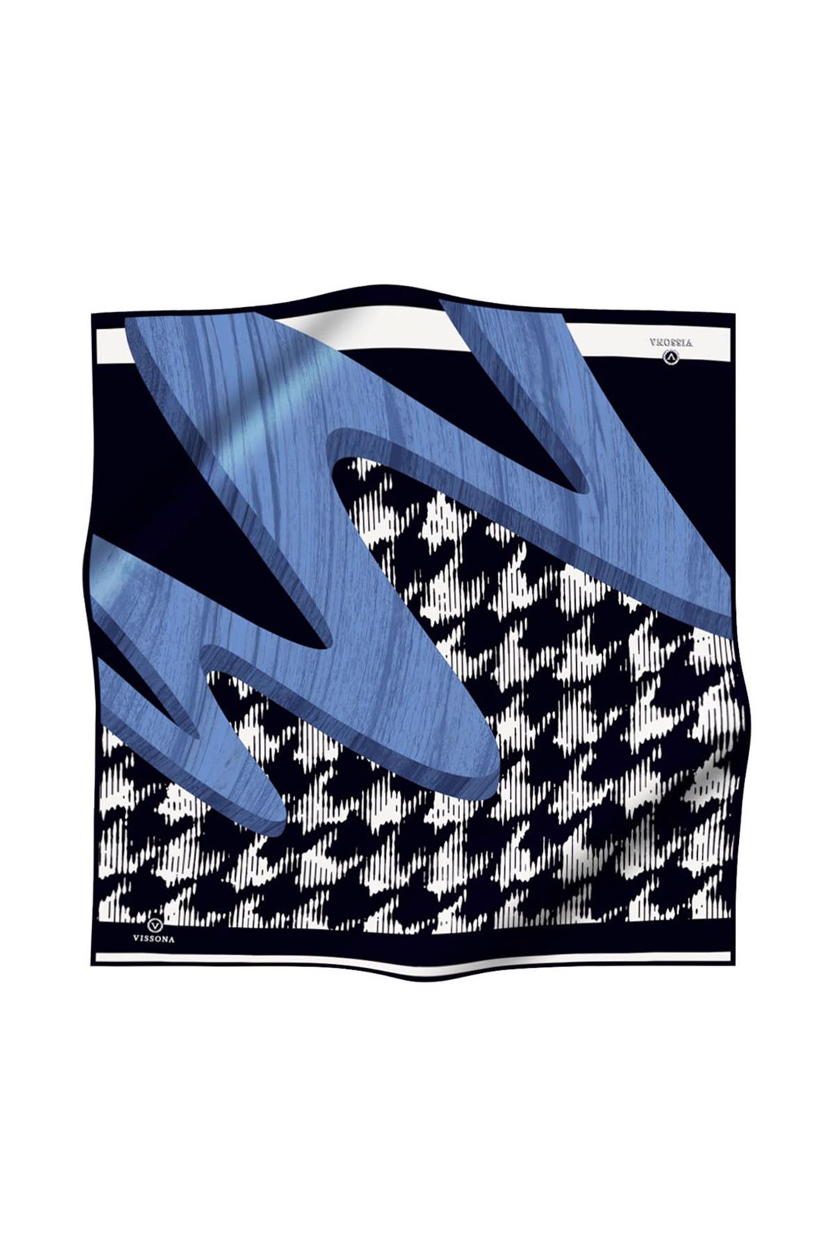 %100 Twill İpek Kazayağı Desenli İndigo - Lacivert Renkli 90x90 Eşarp Kenar Dikiş Şekli El Dikişli