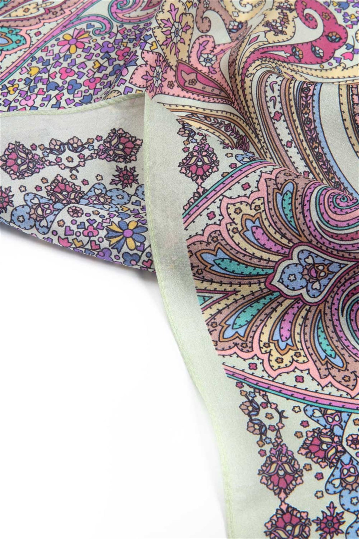 100% İpek Etro Desenli Haki - Nar Çiçeği Renkli 92x210 Şal