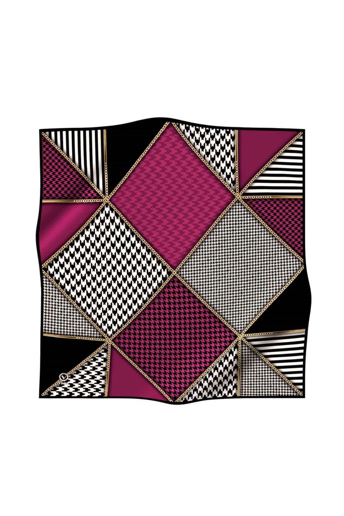 Twil Geometrik Ve Kazayak Desenli Mürdüm Renkli 90x90 Eşarp (İpek İçermez) Dikim Şekli : El Dikişi