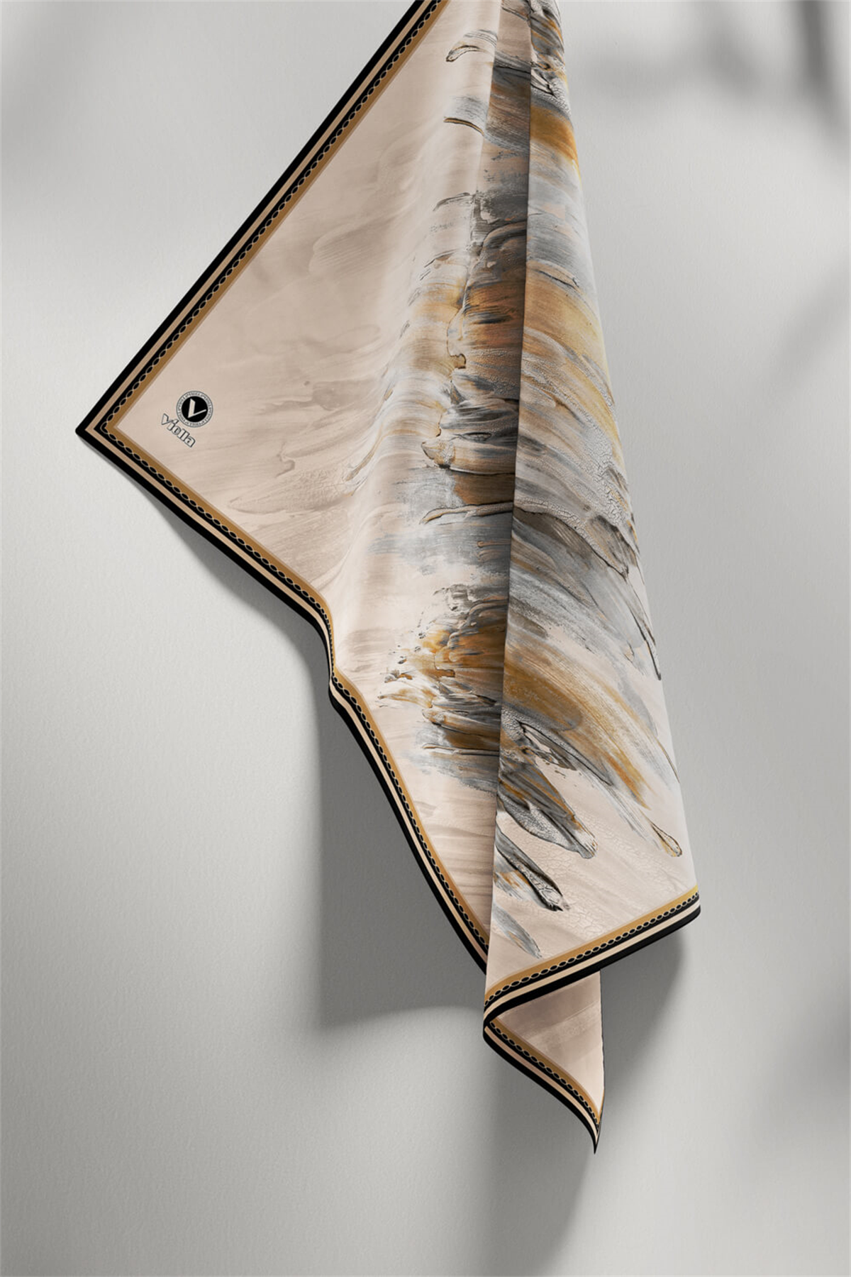 Twill Fırça Darbesi Desenli Bej Renkli 90x90 Eşarp (İpek İçermez) Dikim Şekli : El Dikişi