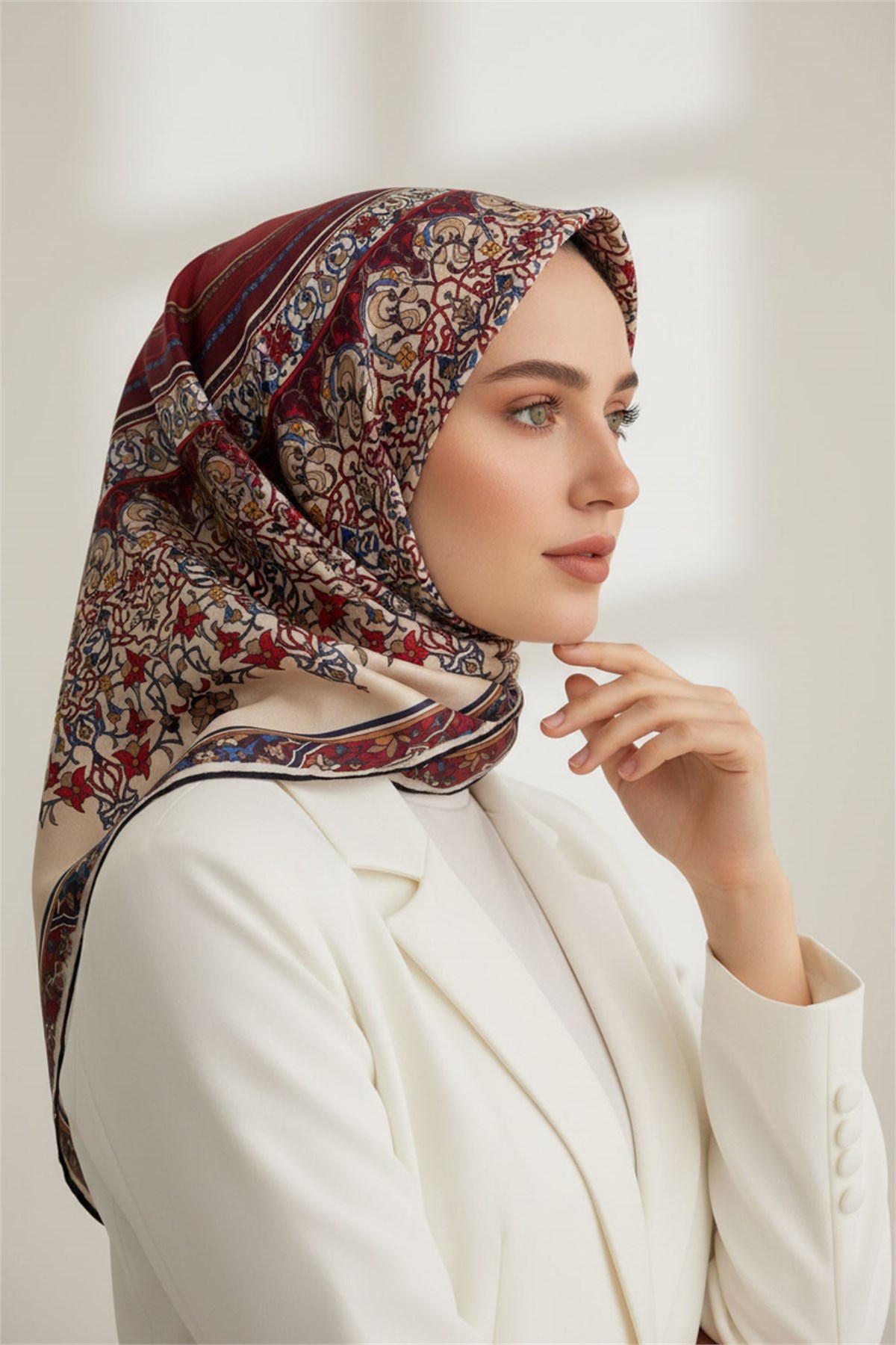 %100 Twill İpek Şal Desenli Bordo Renkli 90x90 Eşarp Dikim Şekli : El Dikişi