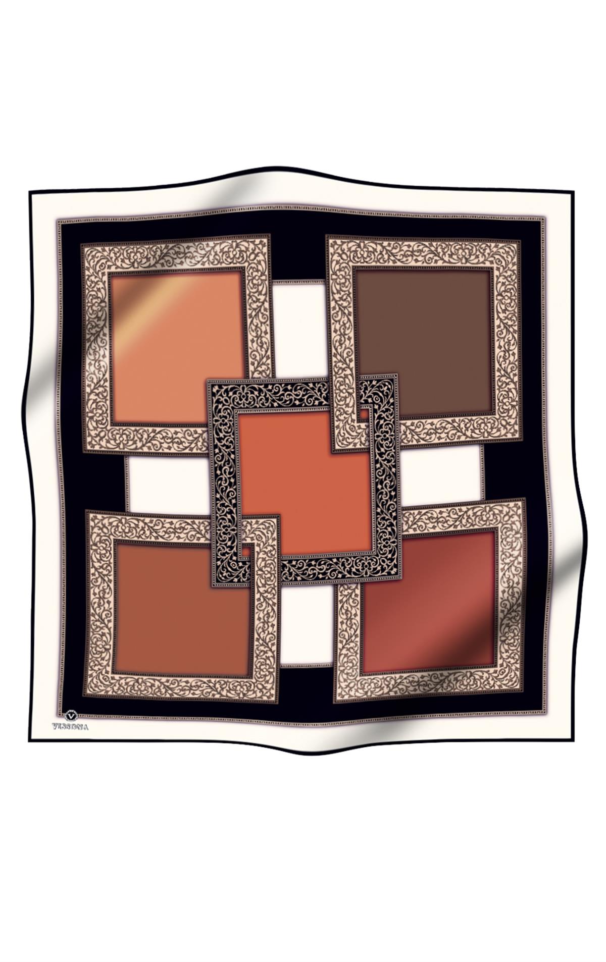 %100 Twill İpek Geometrik Desenli Siyah - Taba Renkli 90x90 Eşarp Dikim Şekli : El Dikişi