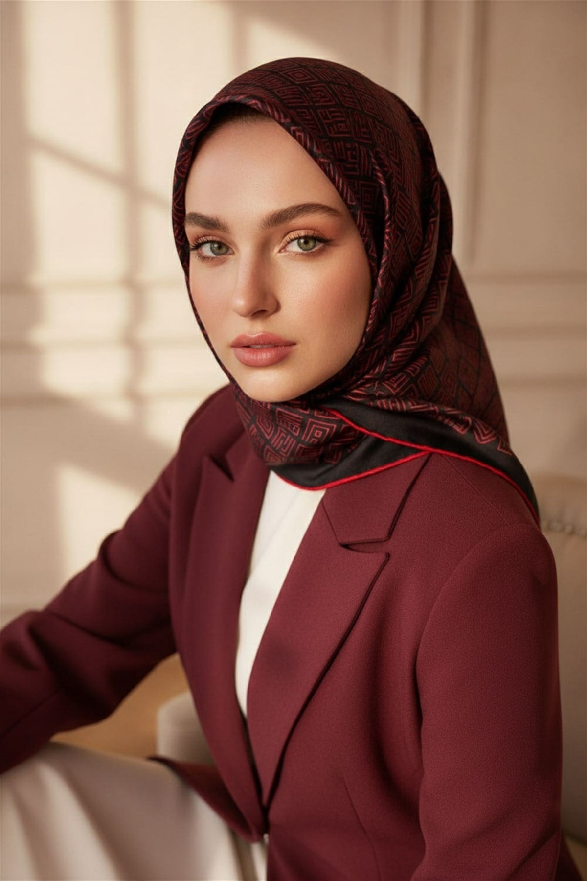 100% Twill İpek Etnik Motif Desenli Siyah - Kırmızı Renkli 90x90 Dikim Şekli : El Dikişi Eşarp
