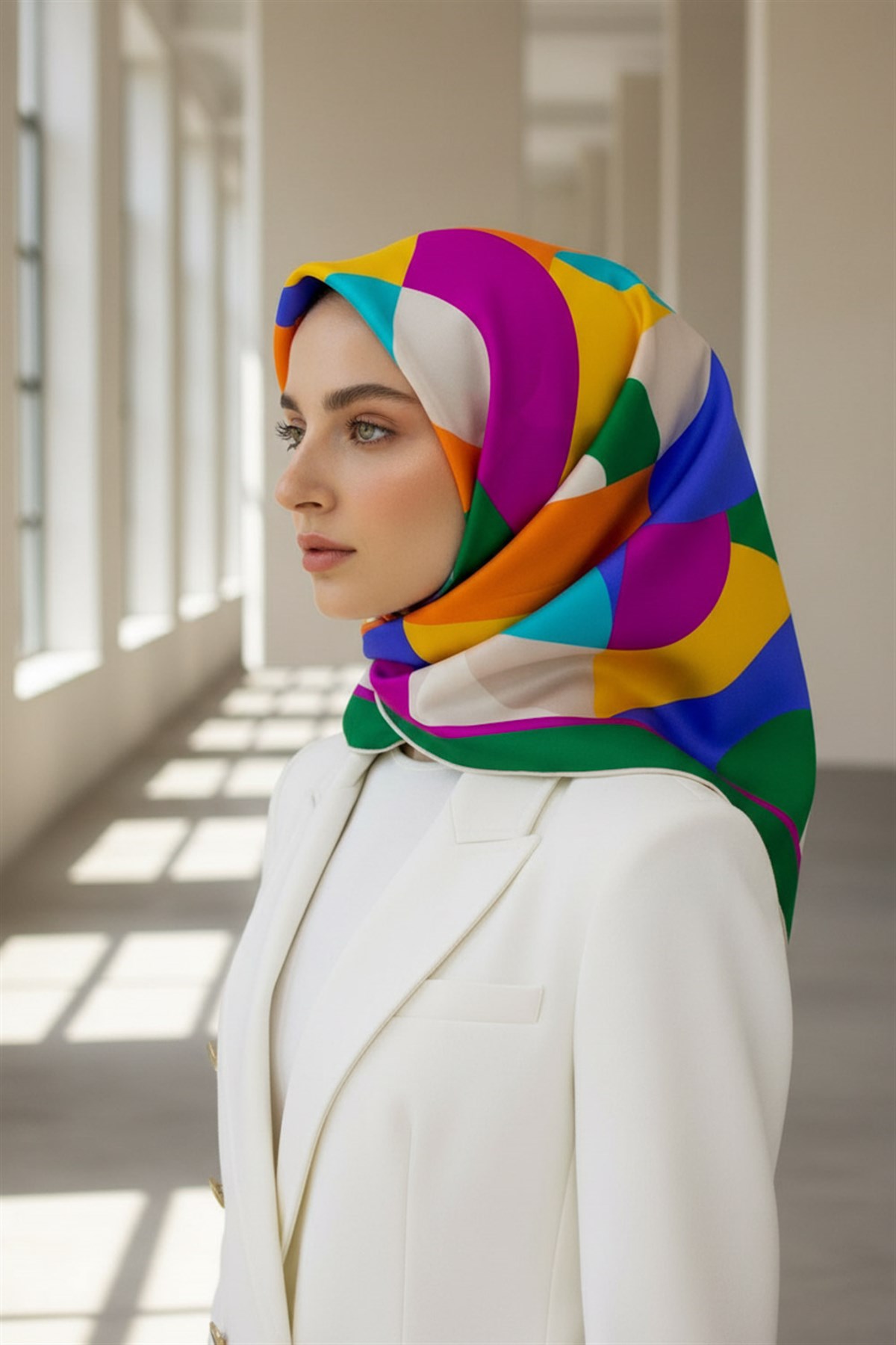 %100 Twill Renk Bloklu Çizgili Desenli Zümrüt Yeşili - Taba Renkli 90x90 Eşarp Dikim Şekli: El Dikişii