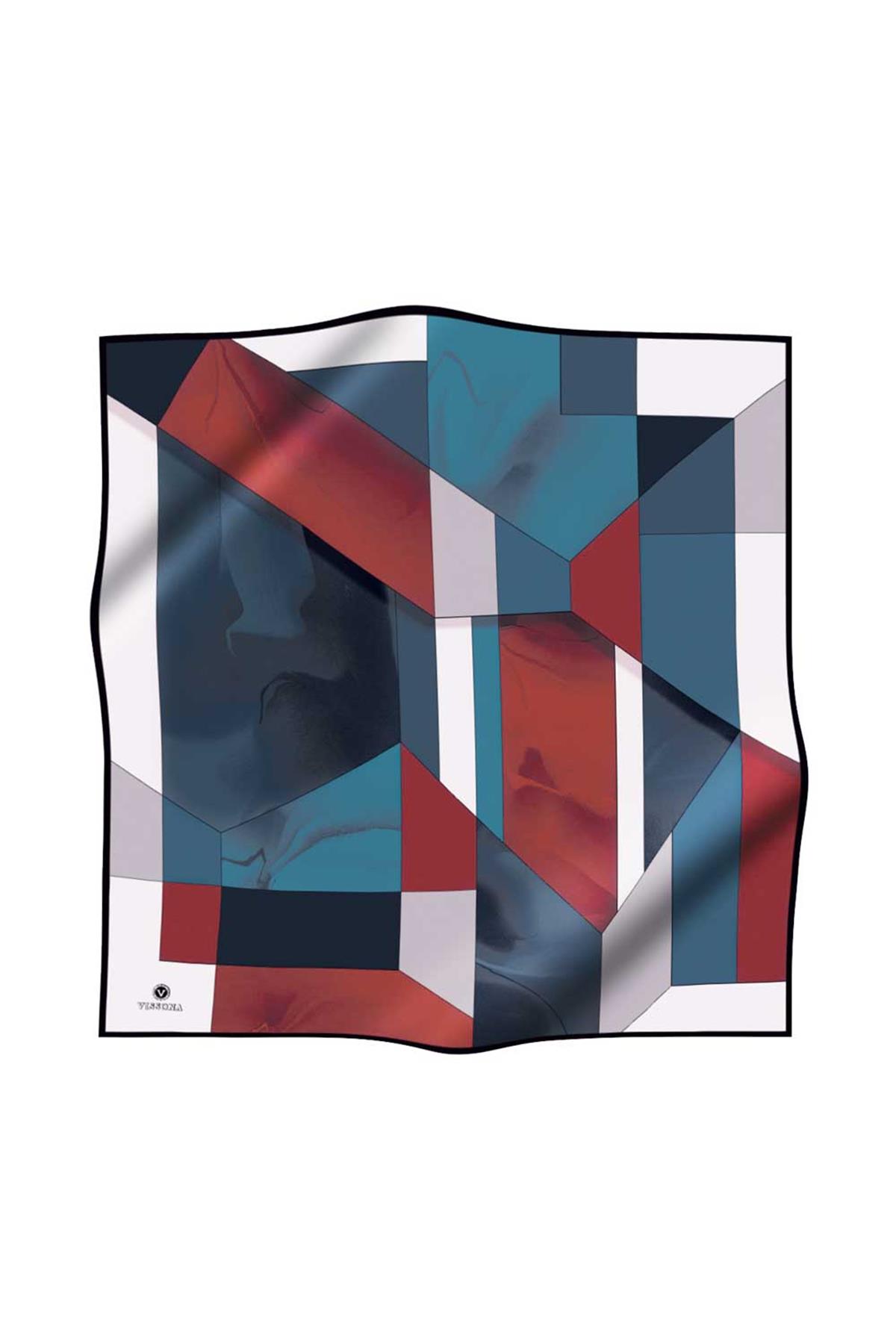 %100 Twill İpek Geometrik Desenli Taba - Petrol Mavisi Renkli 90x90 Eşarp Dikim Şekli : El Dikişi