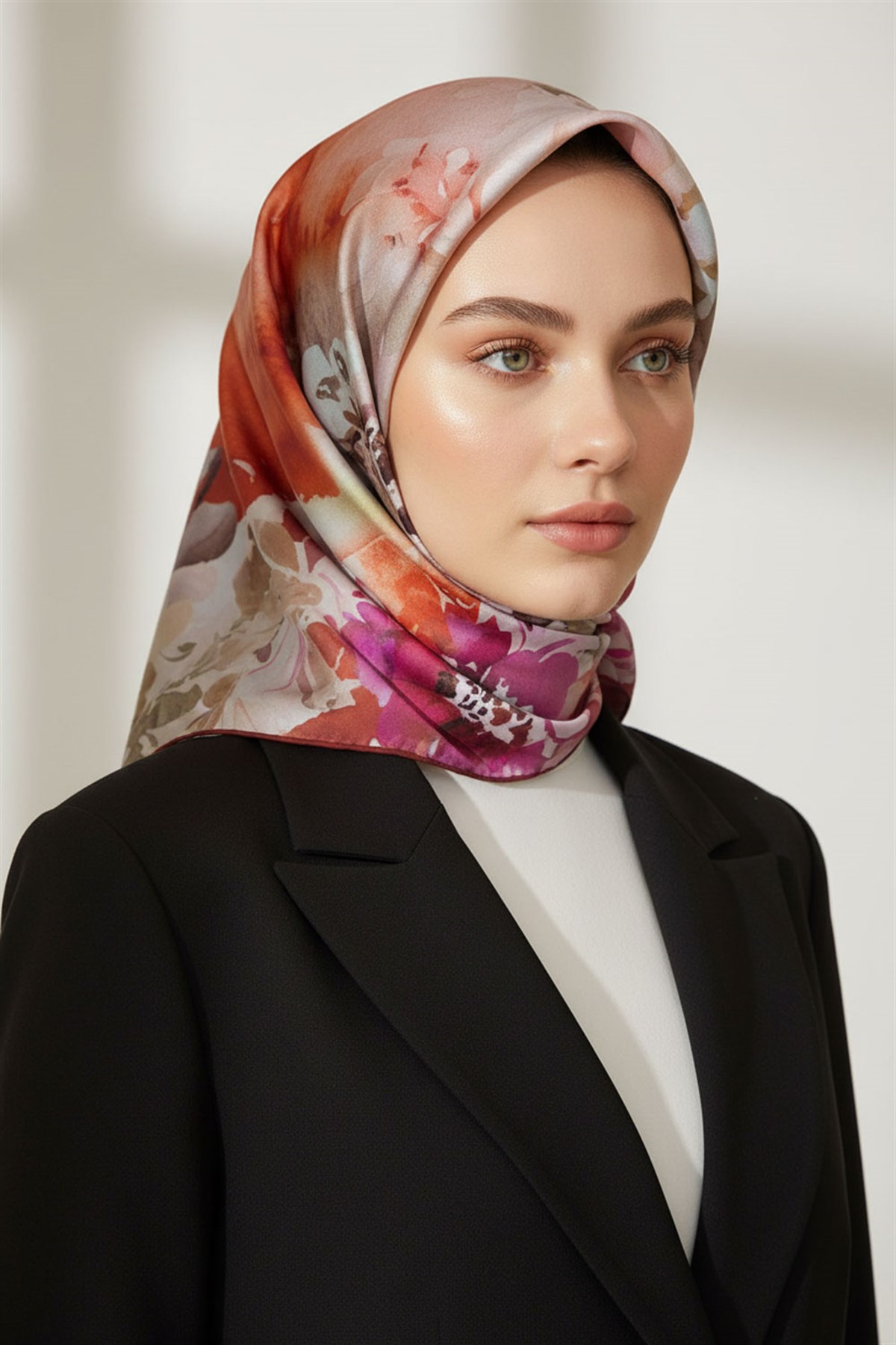 %100 Twill İpek Çiçek  Desenli Bordo - Kırmızı Renkli 90x90 Eşarp Dikim Şekli : El Dikişi