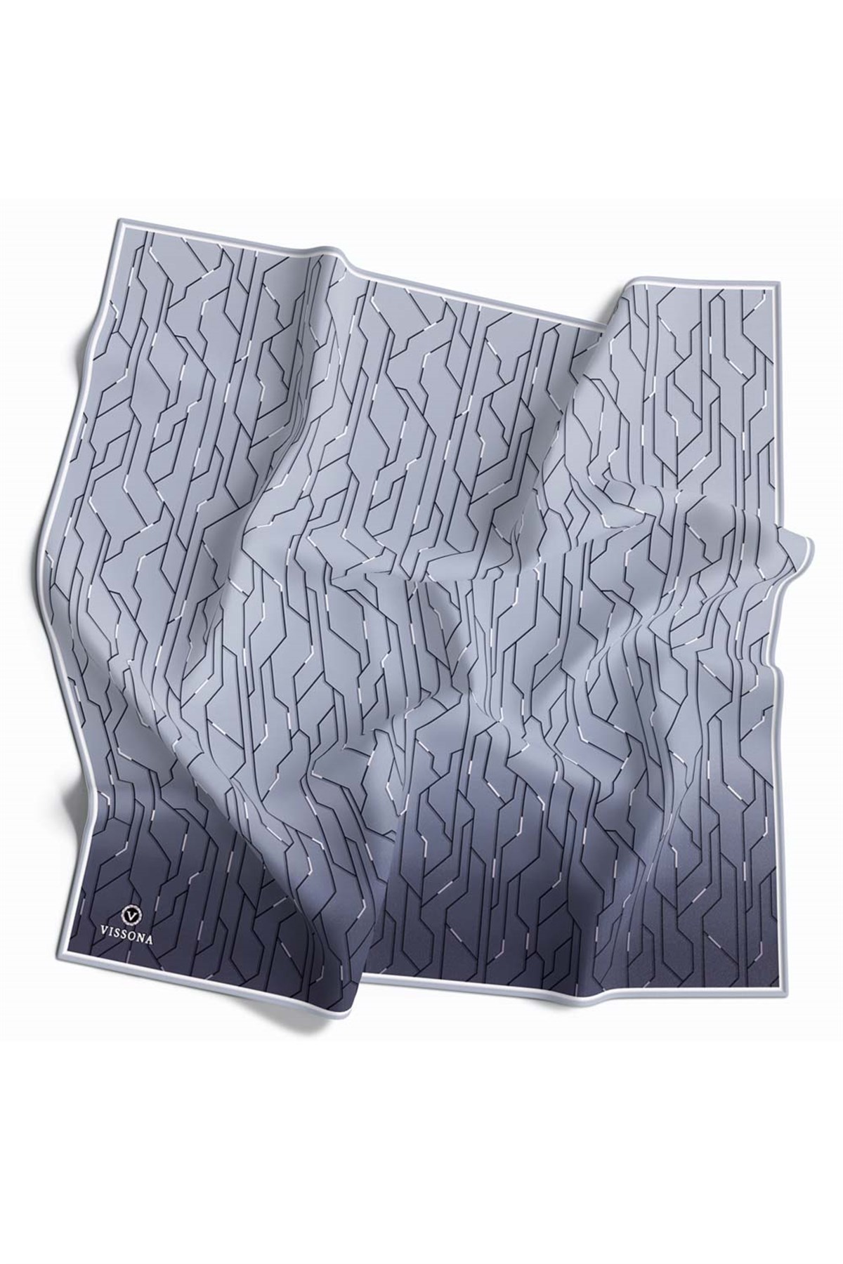 %100 Twill İpek Geometrik Desenli Gümüş Renkli 90x90 Eşarp Dikim Şekli : El Dikişi