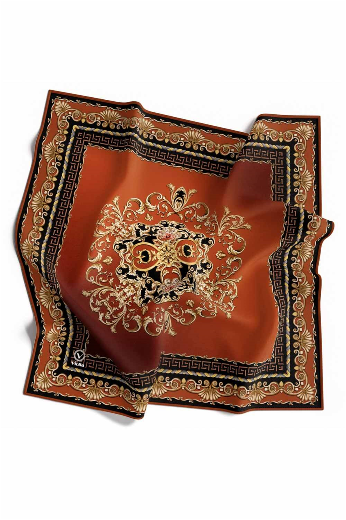 Twill Barok Desenli Siyah - Taba Renkli 90x90 Eşarp (İpek İçermez) Dikim Şekli : El Dikişi