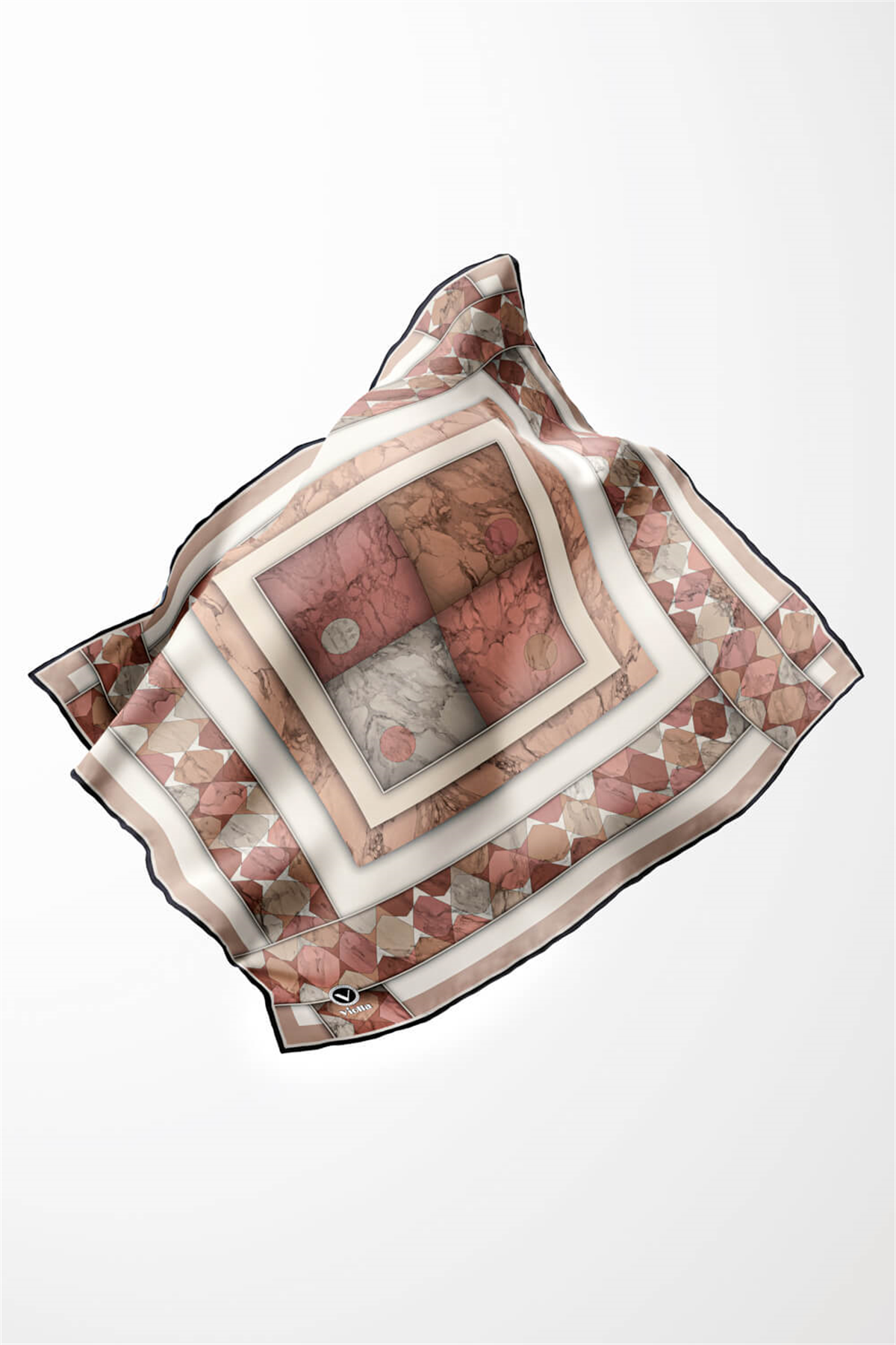Twill Geometrik Mermer Desenli Somon Renkli 90x90 Eşarp (İpek İçermez) Kenar Dikiş Şekli El Dikişli